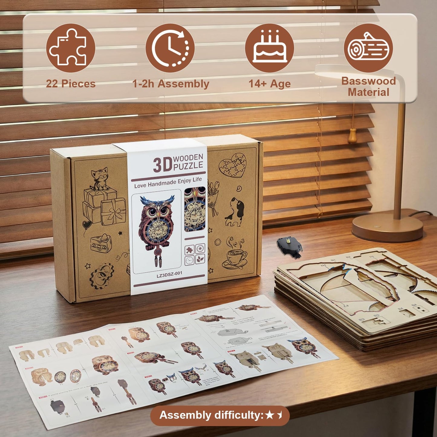 Kosmickiss 3D Wooden Puzzles for Adults, Owl Wooden Clock, DIY Model Building Kits for Adults, Owl Gifts for Women, Creative Decor for Home