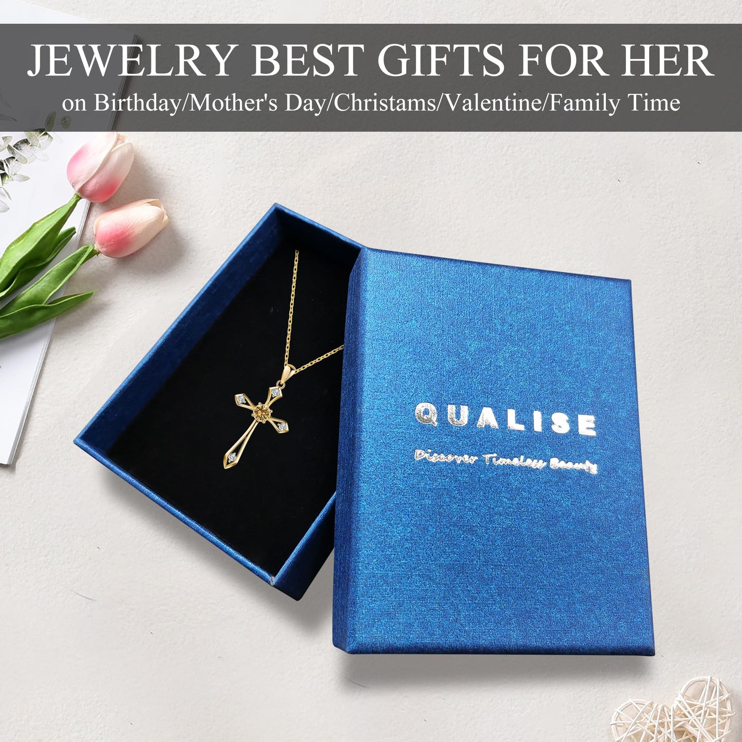 14K Gold Plated Solid Cross Necklace for Women,925 Sterling Silver Ladies Faith Cross Birthstone Pendant Christian Religious Confirmation Baptism Everyday Fine Jewelry Anniversary Birthday Gifts for Her