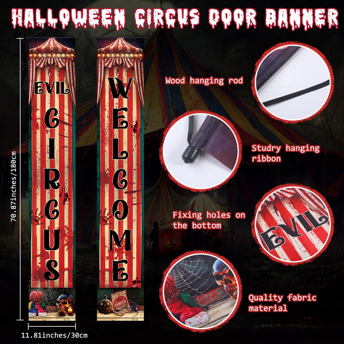 WovWeave 3 Pcs Halloween Creepy Carnival Decorations Include 2 Evil Circus Porch Banner and Scary Ticket Booth Circus Theme Door Cover for Halloween Backdrop Hanging Theme Party Outdoor Decorations