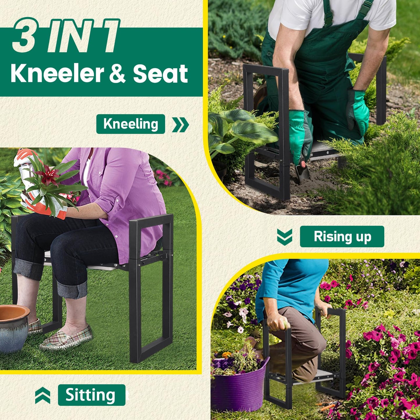 DIOVPLX Garden Kneeler and Seat - Heavy Duty Folding Garden Stool with Handles, Stable Kneeling Device Bench Chair Gardening Tools Gifts for Women Men Seniors Gardeners Outdoor Weeding Planting