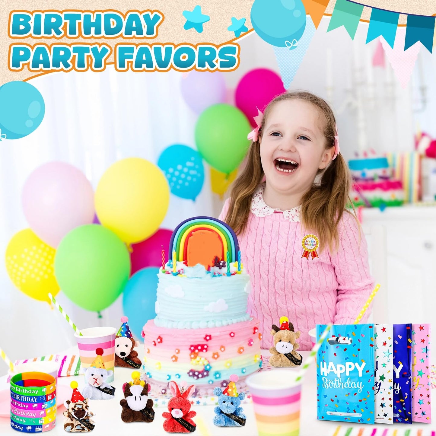 Seenelling 48 Pcs Happy Birthday Party Gift for Students, Return Gifts for Birthday Stuffed Animal Silicone Wristbands Badge Stickers for Party Goodie Bags Teachers Classroom Reward