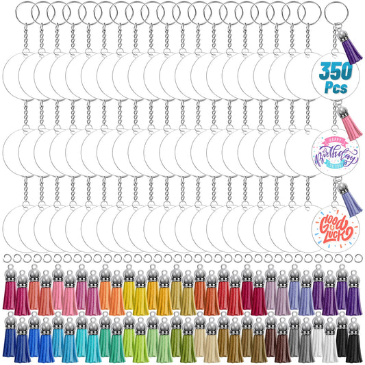 350Pcs Acrylic Keychain Blanks Cludoo Clear Acrylic Ornament Blanks for Vinyl with 60 Pcs Blanks, 60 Pcs Keychain Tassels, 170 Pcs Jump Rings and 60pcs Rings for DIY Craft