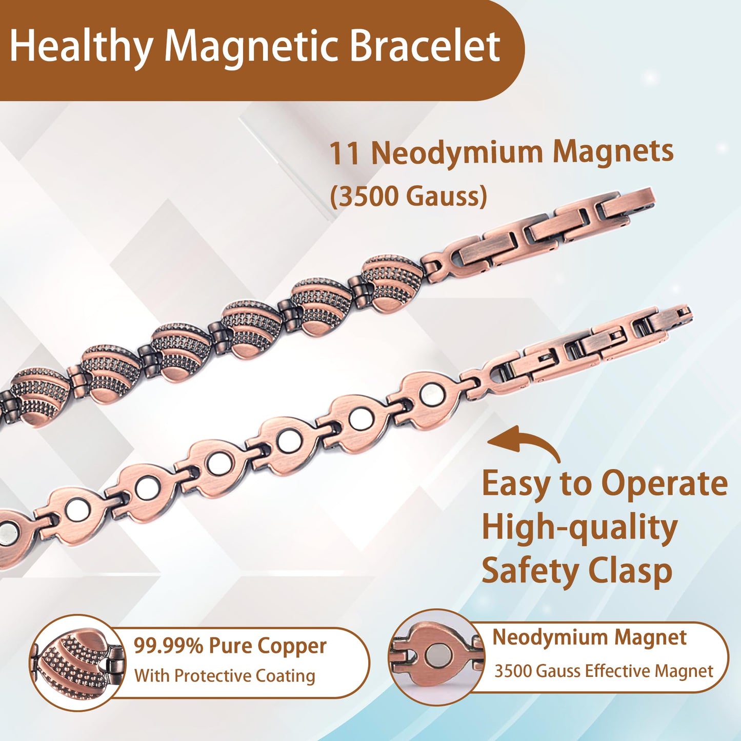 MagVIVACE Pure Copper Bracelet for Women, Magnetic Jewelry, Lymph Detox Bracelets with 3500 Gauss Magnet(Copper)