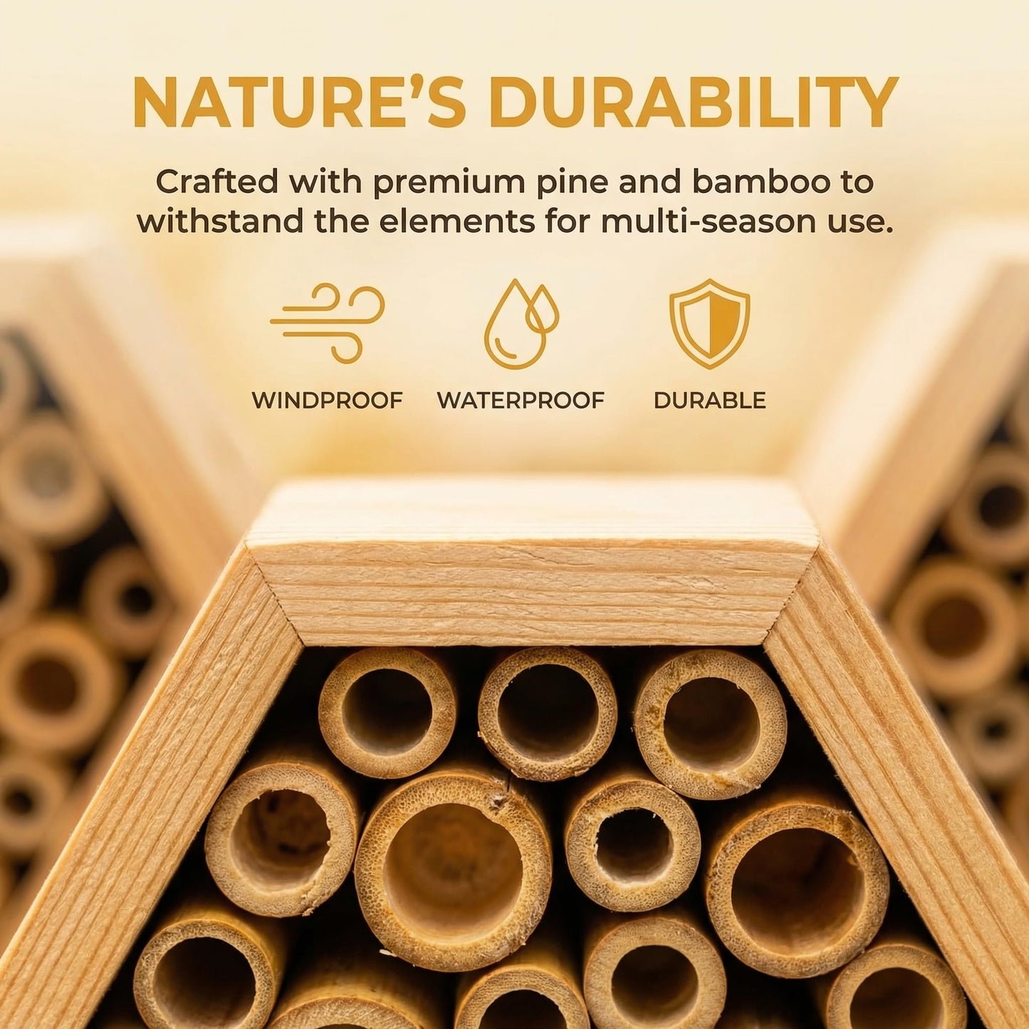 Mason Bee House - Handcrafted Natural Wooden Bee Hotel with Waterproof Wax Coating - Attracts Peaceful Pollinators, Enhances Garden Productivity
