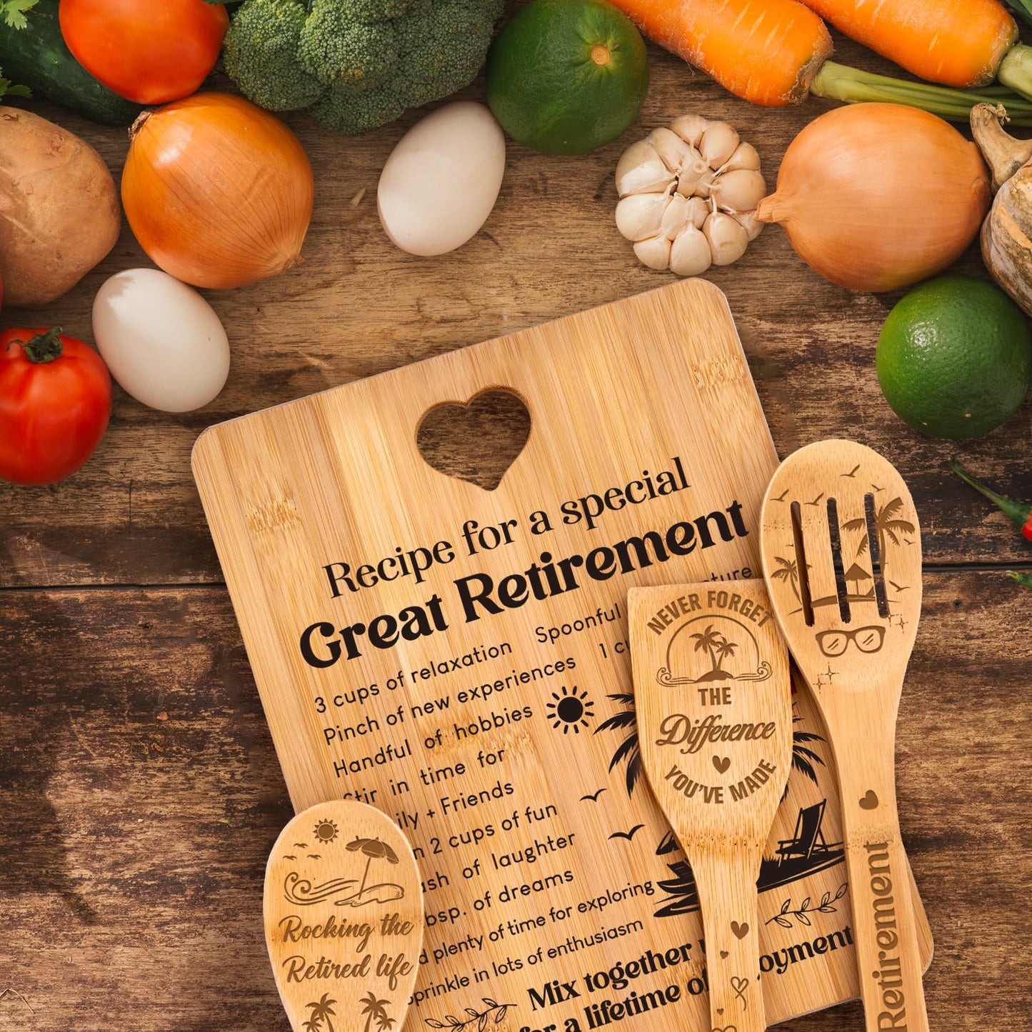Retirement Gifts for Woman/Men 2026, Happy Retirement Bamboo Cutting Board Set for Colleagues, Coworker, Friend, Teacher, Boss, Parents, Family - Recipe for a Special Great Retirement.