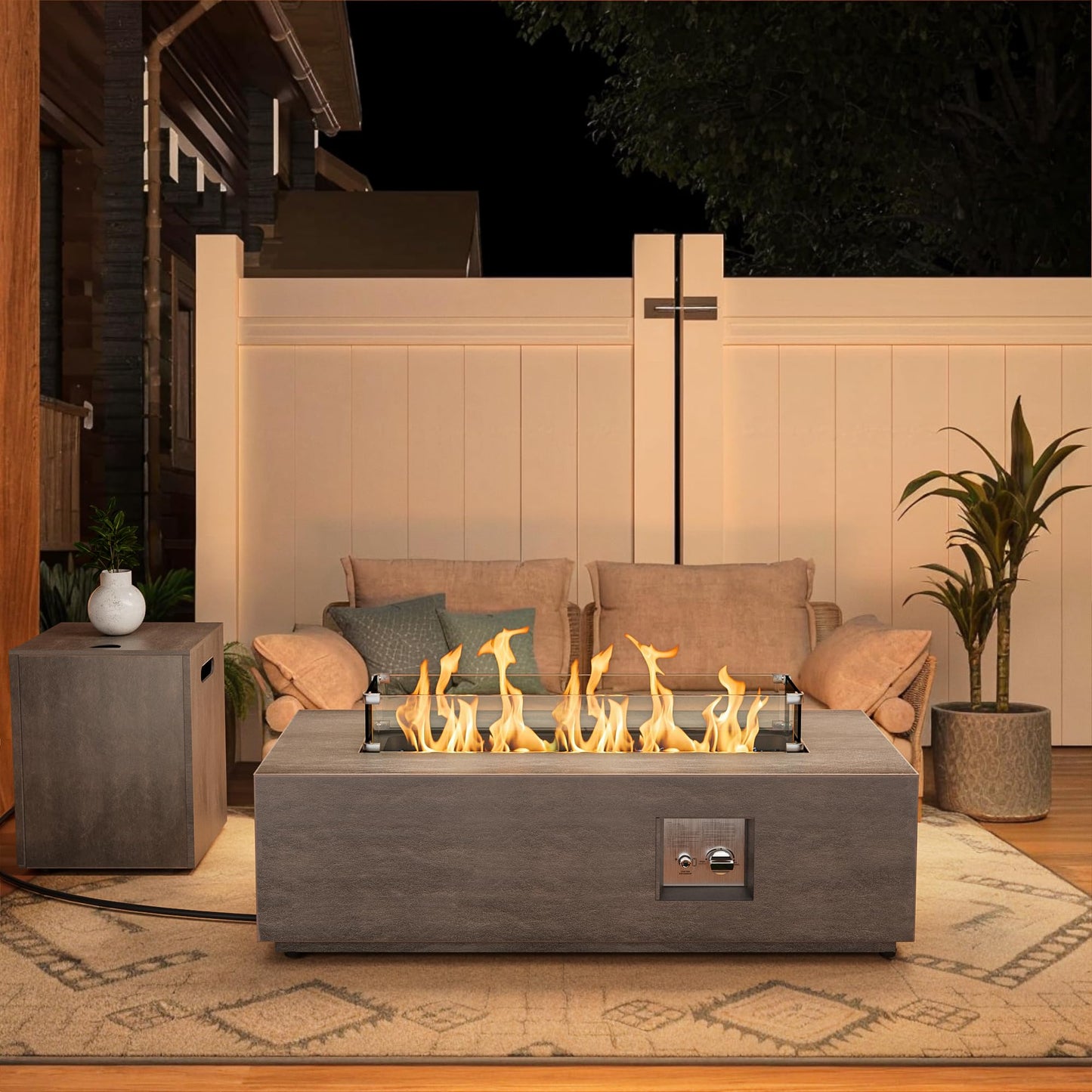 SUNPEAK 42" Rectangular Propane Fire Pit – 50,000 BTU Fire Table with Wind Guard Glass, Lid, Rocks and Cover – Backyard Fire Pits Outdoor – Propane Gas Fireplace for Deck or Patio (Grey, 42" Standard)