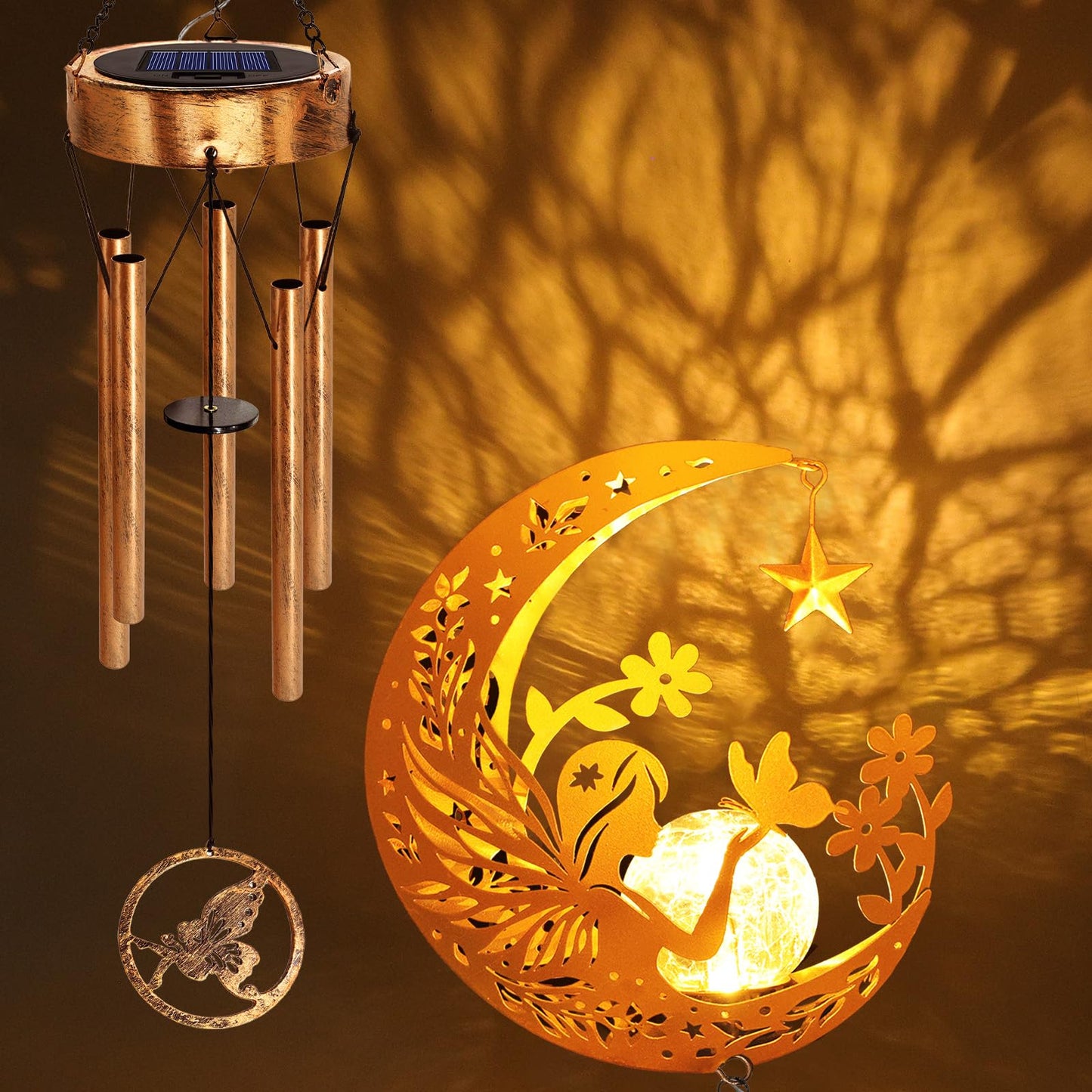 Solar Moon Fairy Wind Chimes, Moon Gifts Mothers Day for Mom Women Men Sympathy Birthday, Hanging Outdoor Decor Cracked Glass Ball Memorial Large Wind Chimes for Garden Patio Porch