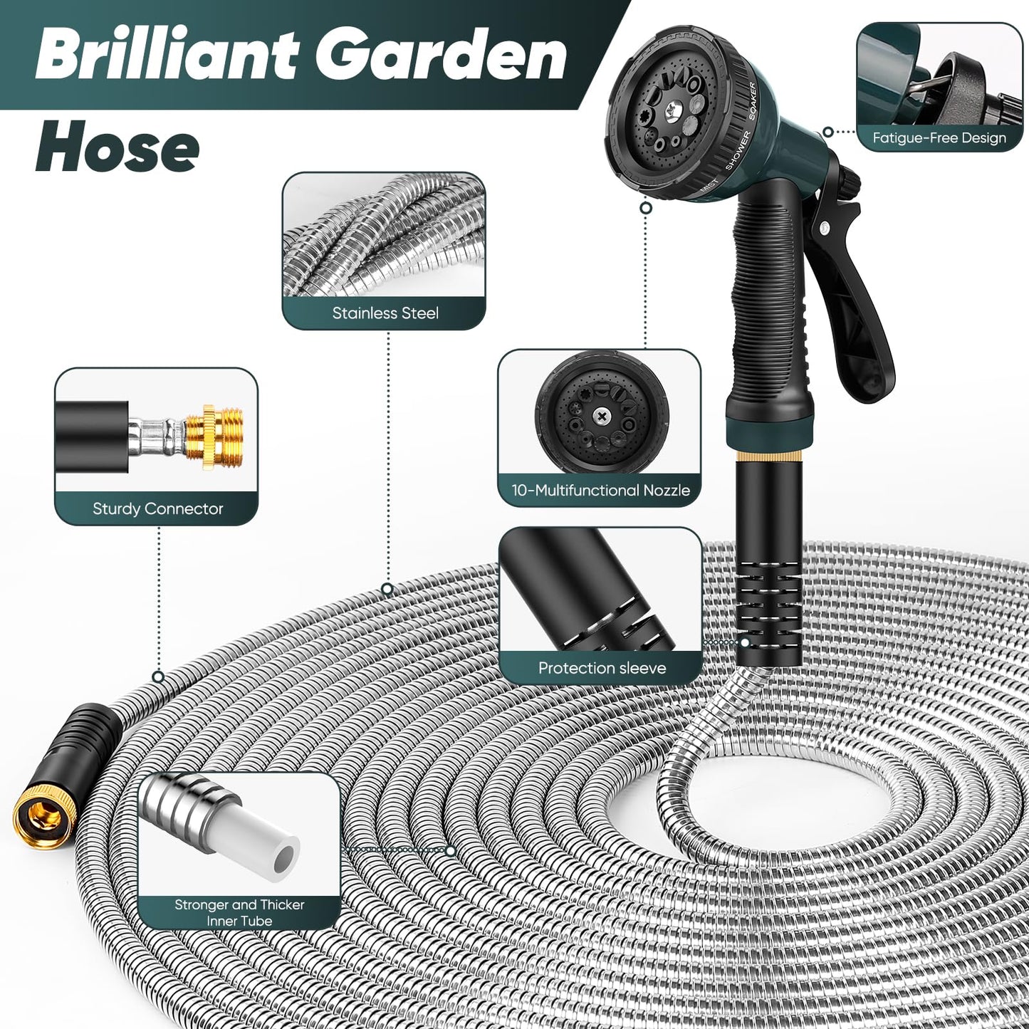 Amayrose Garden Hose with 10-Function Nozzle, Leak-proof Metal Connector Hose, No Knots, Kink-Free Hoses, Lighter, Anti-Pets, Wear-Resistant, 3/4 GHT, Water Hose for Garden, Yard, Outdoor（75 FT）