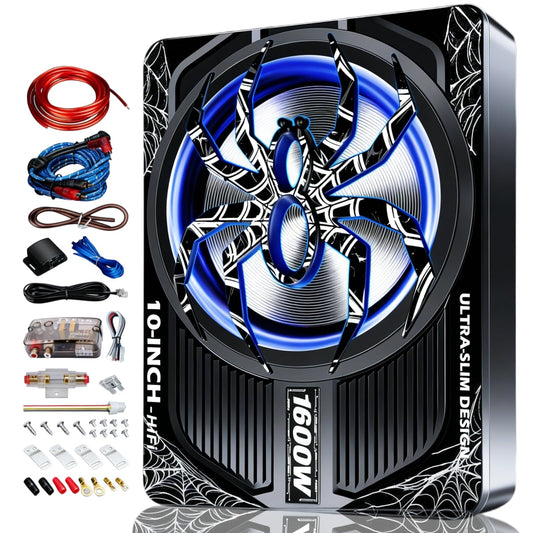 SCBPAUD 2026 Upgraded 1600W Slim Underseat Car Subwoofer and Amp Package, Powered Sub with Built-in Class D Amplifier, Blue LED Ambient Light, Deep bass, Under Seat Subwoofer for Car