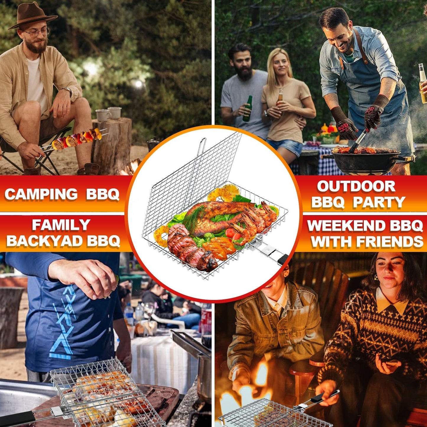 Grill Baskets for Outdoor Grill|Stainless Steel Large Grilling Basket with Removable Wooden Handle|Fish Grilling Basket Grilling for Meat,Steak,Vegetables & Seafood| Grilling Gifts for Dad/Men,Perfect Grilling Accessories