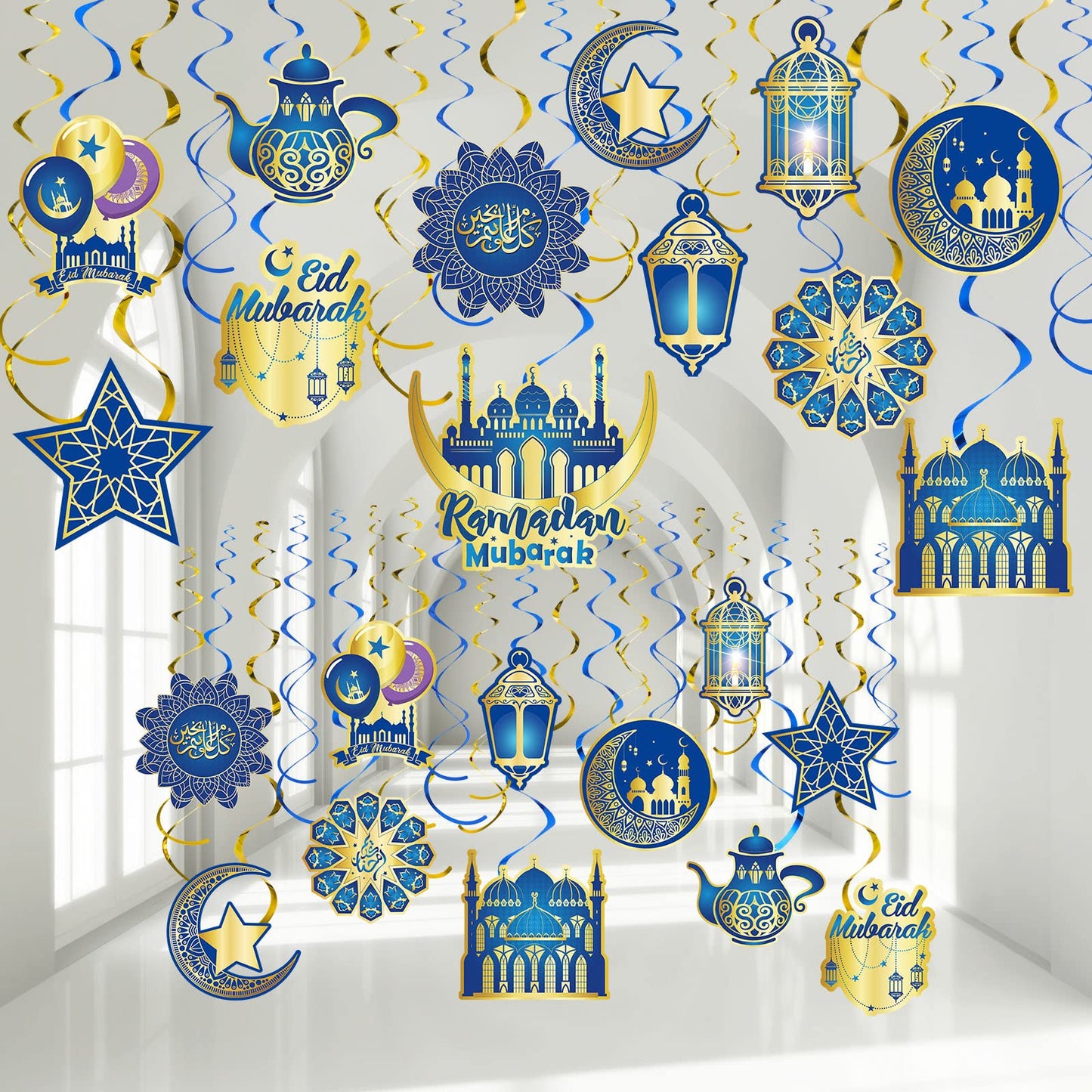 Zonon 30 Pieces Eid Ramadan Mubarak Decorations for Home Hanging Swirl Streams Ceiling Decor Star Moon Lantern Shining Foil Decor for Eid Al-fitr Party Egyptian Supplies