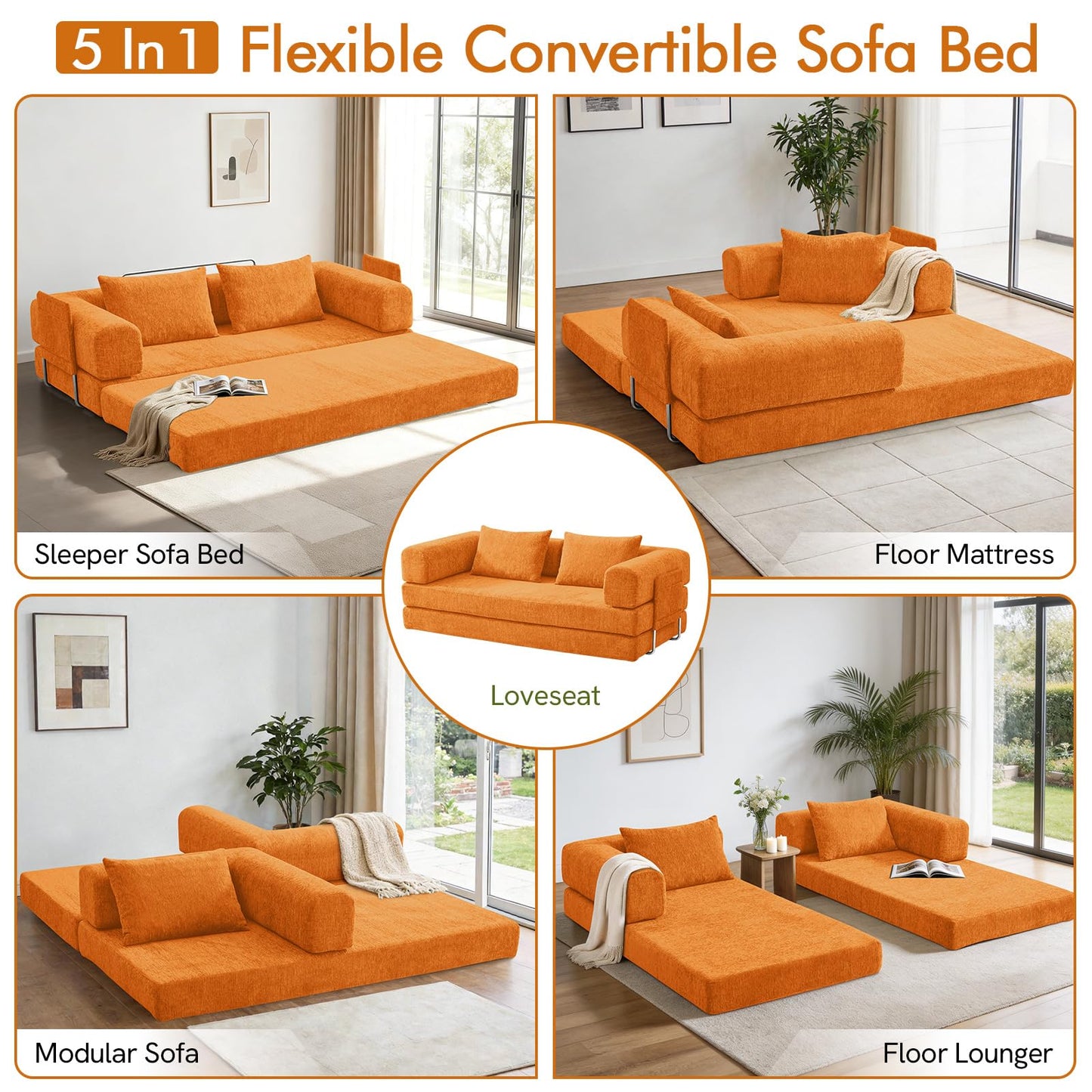 KozyNutria 81" Convertible Sofa Bed with Storage Pockets, 5-in-1 High Density Foam Boneless Couch, Corduroy Folding Futon Sleeper Sofa for Living Room Bedroom Apartment, No Assembly Required, Orange