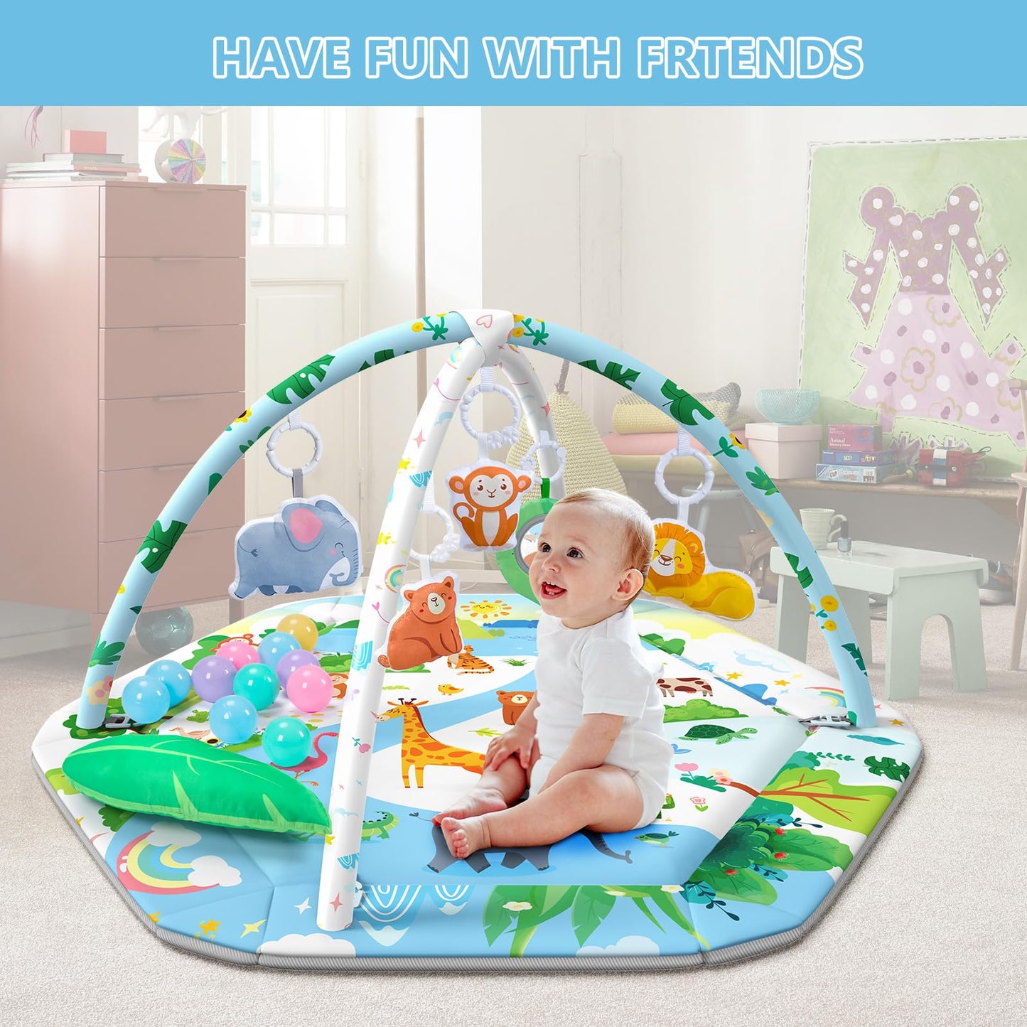 ZFDEBY Baby Gym Play Mat, 8-in-1 Tummy Time Mat & Activity Gym Mat Ball Pit with Detachable Toys, Washable Infant Play Mat for Visual, Hearing, Sensory, Motor Development, Newborn Baby Toys Gift for Toddler 0-3-6-9-12 Months Easy to Install