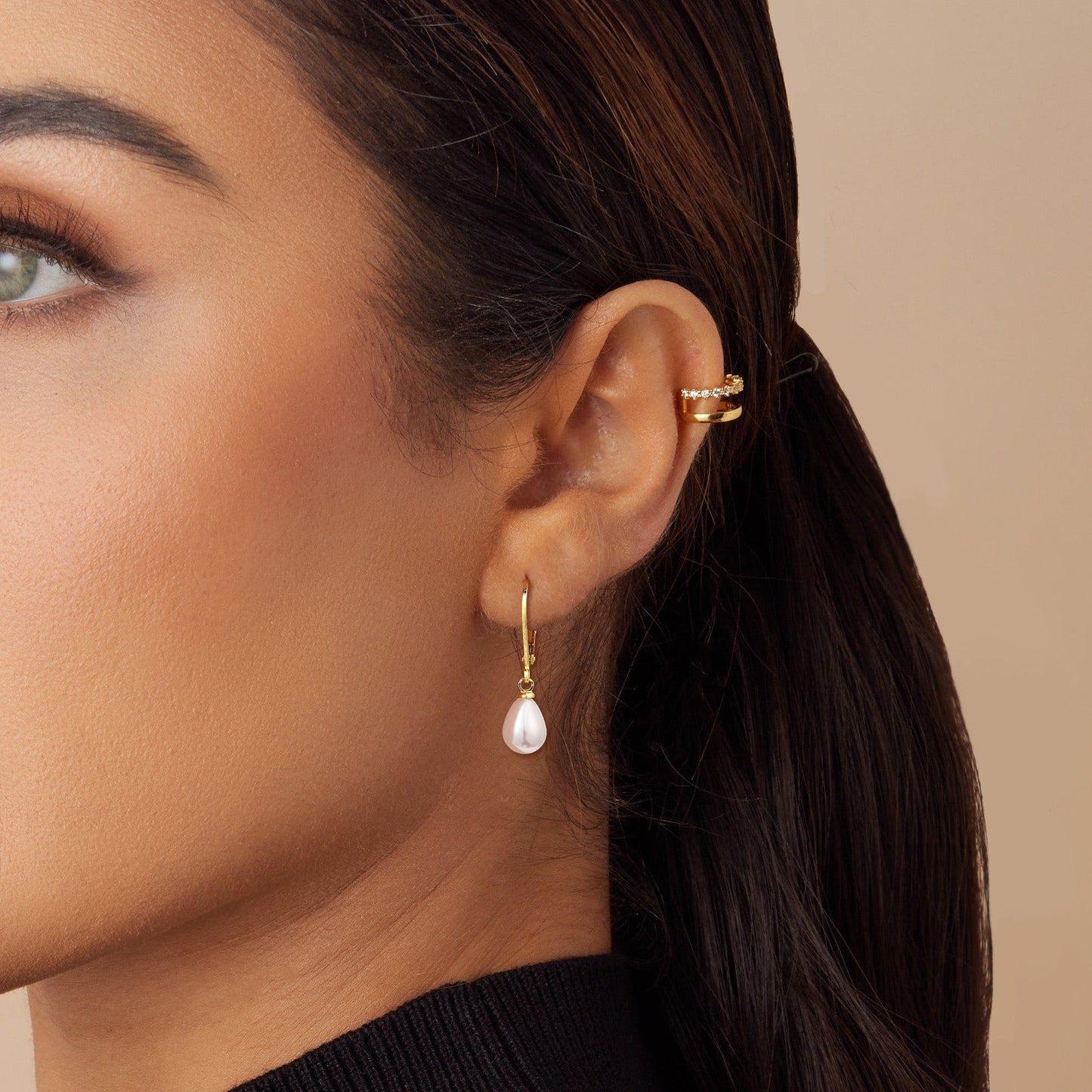 Freekiss Gold Pearl Earrings: Leverback Dangle, Dainty 14K Gold Plated, Hypoallergenic, Waterproof, Wedding & Prom Earrings