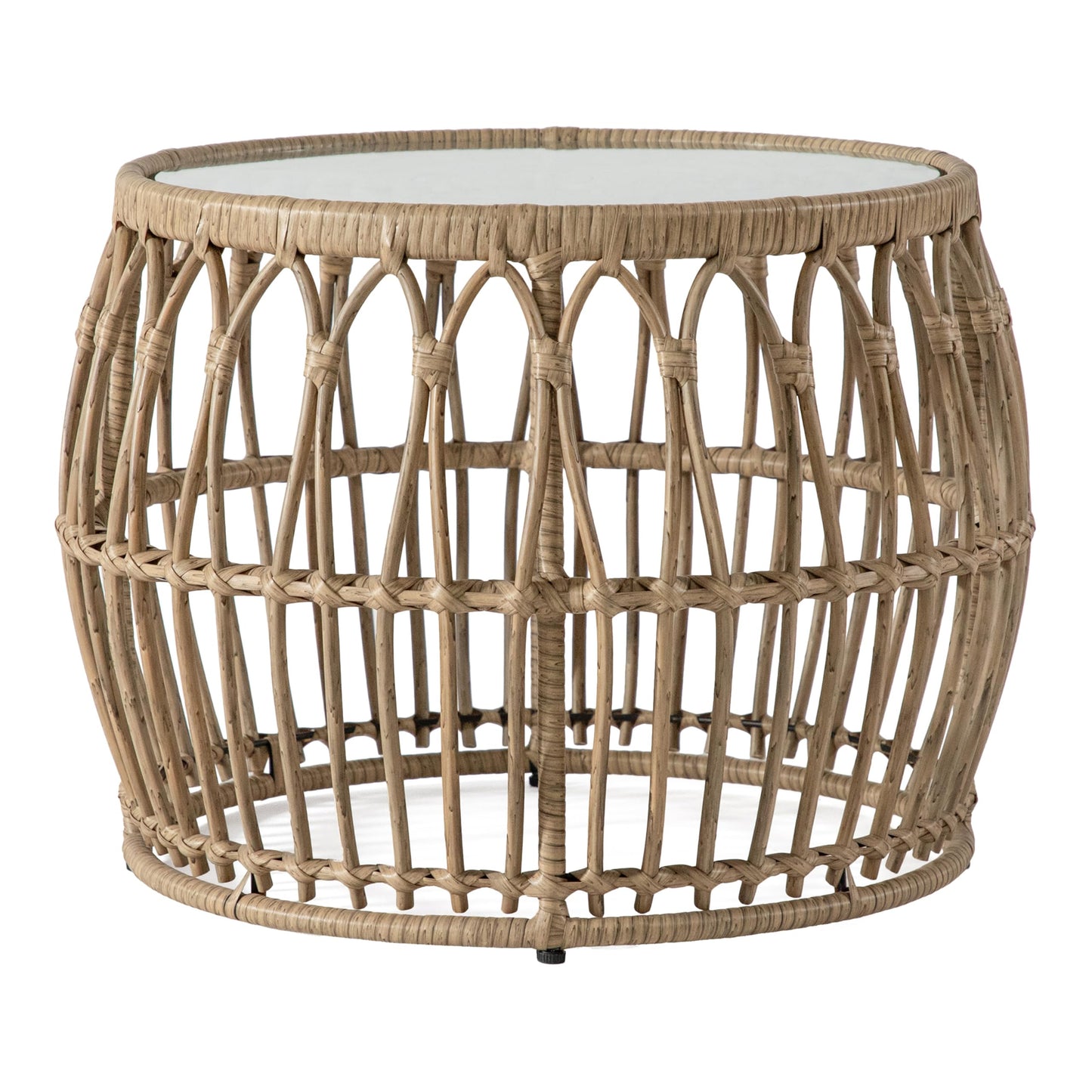 Furniture of America Ysar Boho Rattan Round Coffee Table Outdoor with 5mm Tempered Glass Top, All-Weather and Rust Resistant Patio Furniture