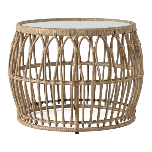 Furniture of America Ysar Boho Rattan Round Coffee Table Outdoor with 5mm Tempered Glass Top, All-Weather and Rust Resistant Patio Furniture