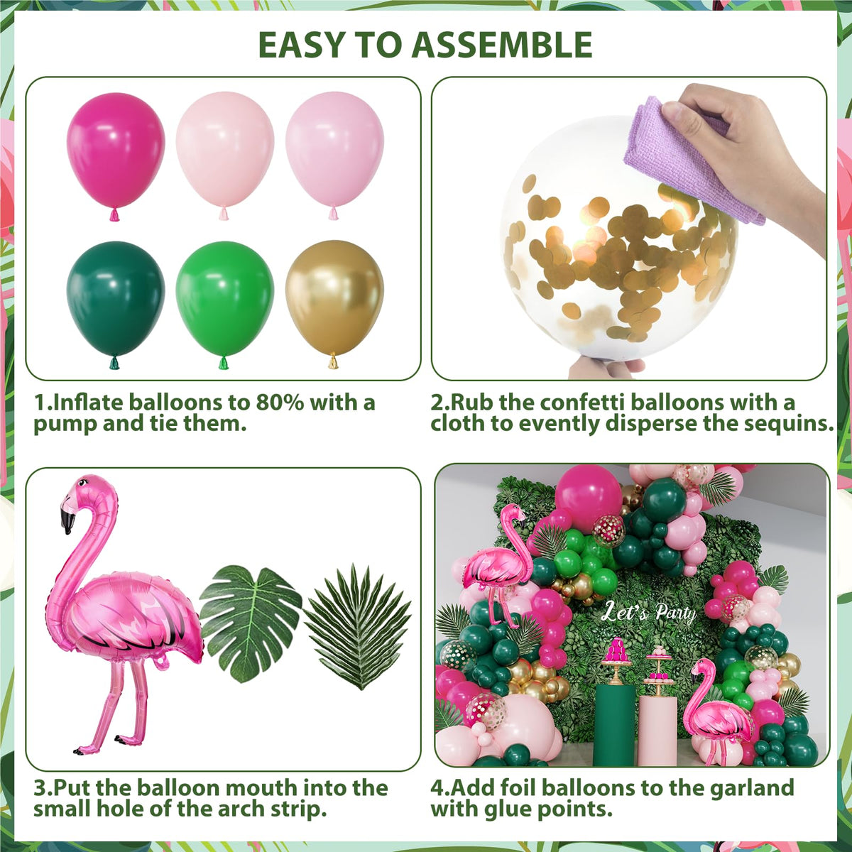 156Pcs Tropical Flamingo Balloon Arch Garland Kit, Hot Pink Dark Green Light Pink Gold Confetti Flamingo Foil Balloons with Palm Leaves for Hawaiian Luau Aloha Summer Beach Birthday Party Decorations