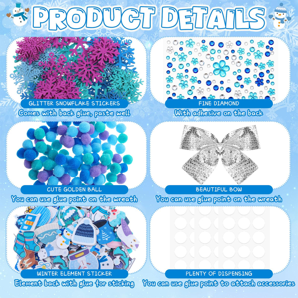 Moucuny 620/600 Pcs Winter Wreath Craft Kits DIY Snowman Christmas Wreath Crafts Kits Xmas Winter Home Decorations for Party Favors(Polar,Purple, Cyan, Light Blue, Dark Blue)