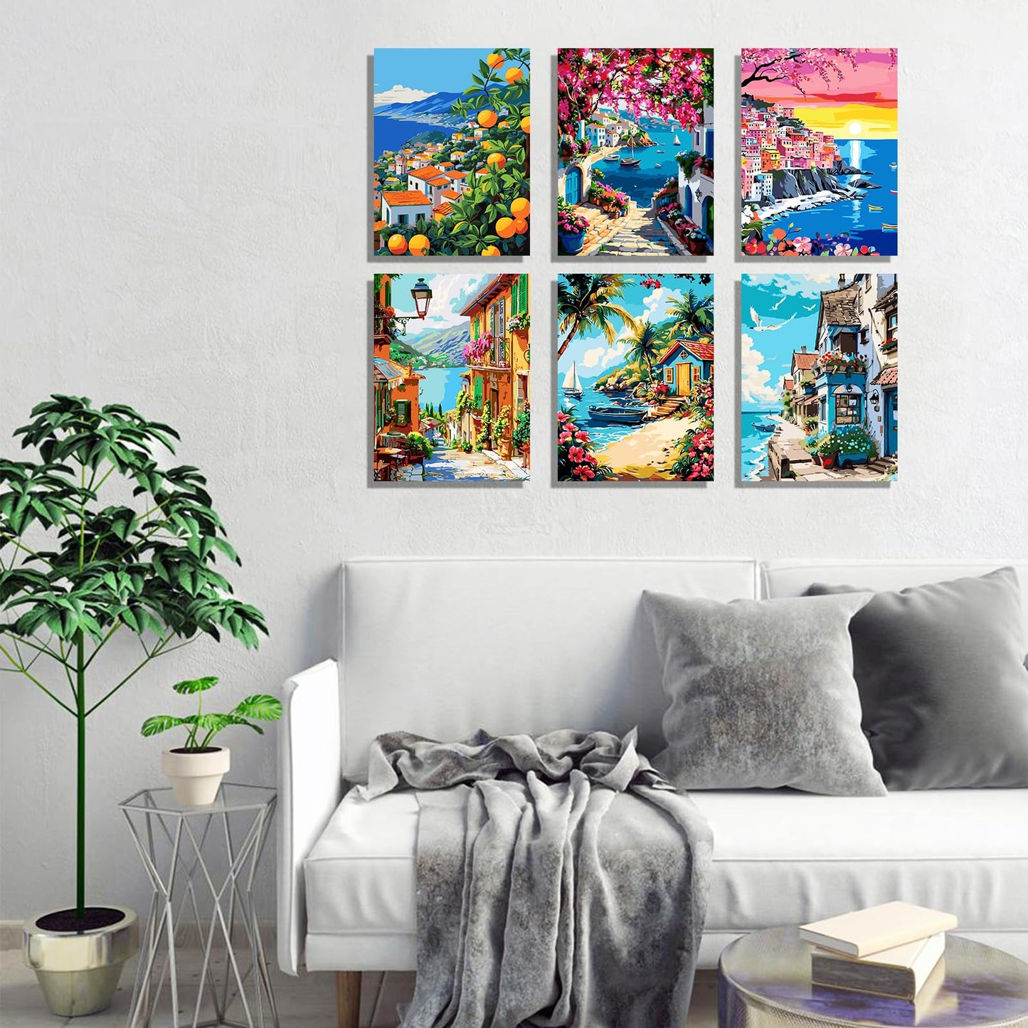 6 Pack DIY Paint by Number Kit for Adults - Mediterranean Coastal Scenery Oil Painting Set, 12x16 Inch Canvas (No Frame), 18 Vivid Acrylic Paints - Stress Relief Art Craft for Home Decor & Gifts
