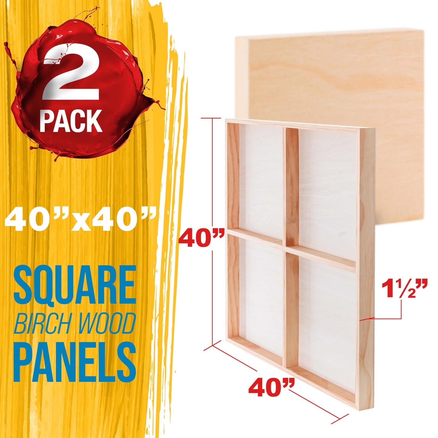 U.S. Art Supply 40" x 40" Unfinished Cradled Wood Panels for Painting, Gallery 1-1/2" Deep (2 Pack) - Artist Depth Wooden Wall Canvases - Mixed-Media Craft, Acrylic, Oil, Encaustic, Paint Pouring