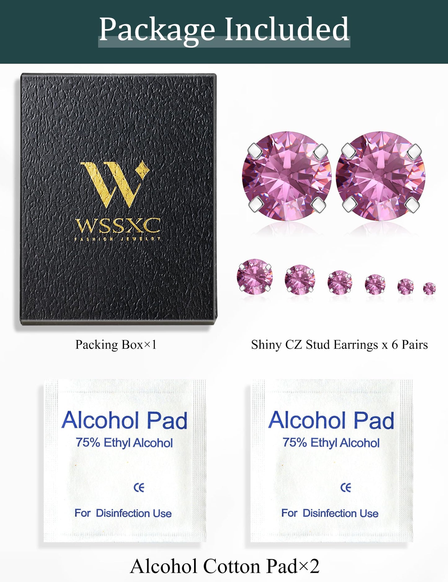 6 Pairs Stud Earrings Set Hypoallergenic Cubic Zirconia 316L Earrings Stainless Steel Earrings for Women (Pink)