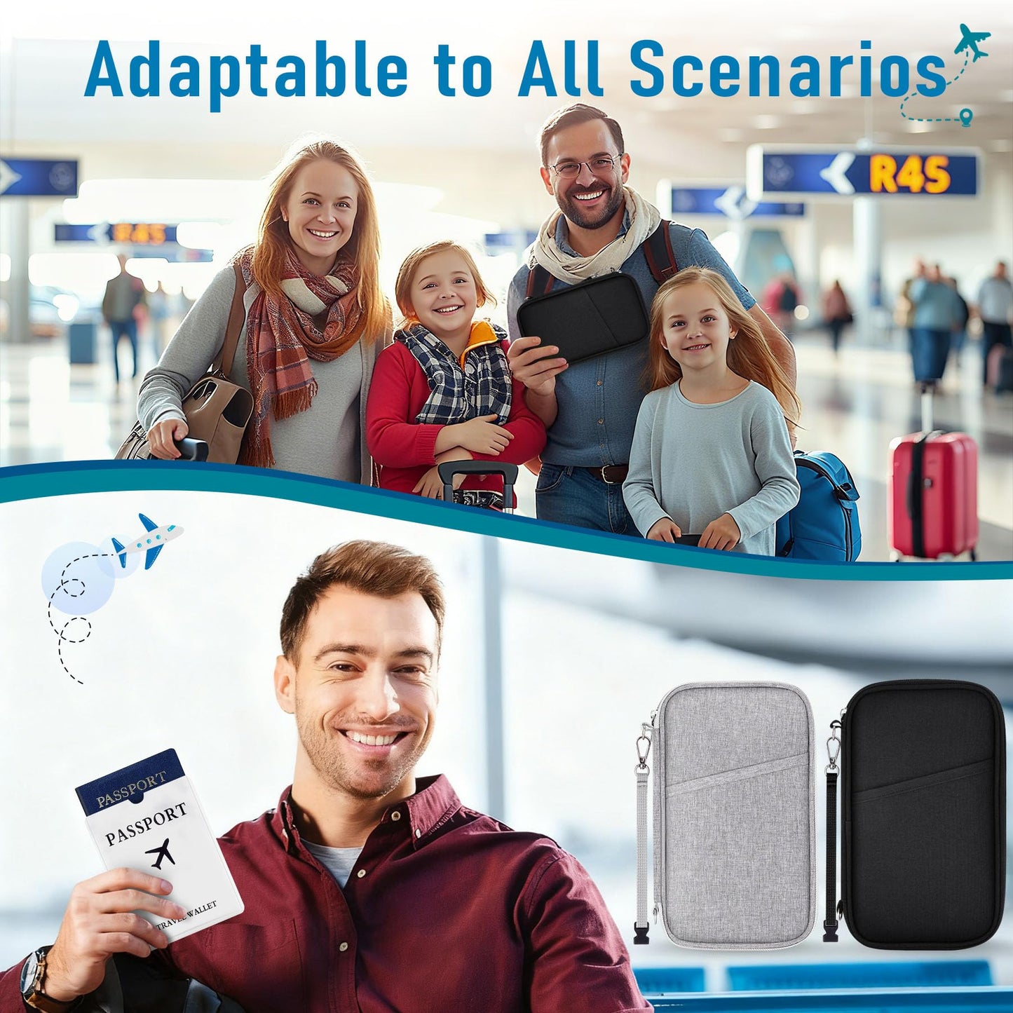 Magimack Family Passport Holder for Travel, RFID Blocking Travel Document Organizer with Flexible Carrying Style, Portable Passport Wallet and Essentials for Travel (Black)