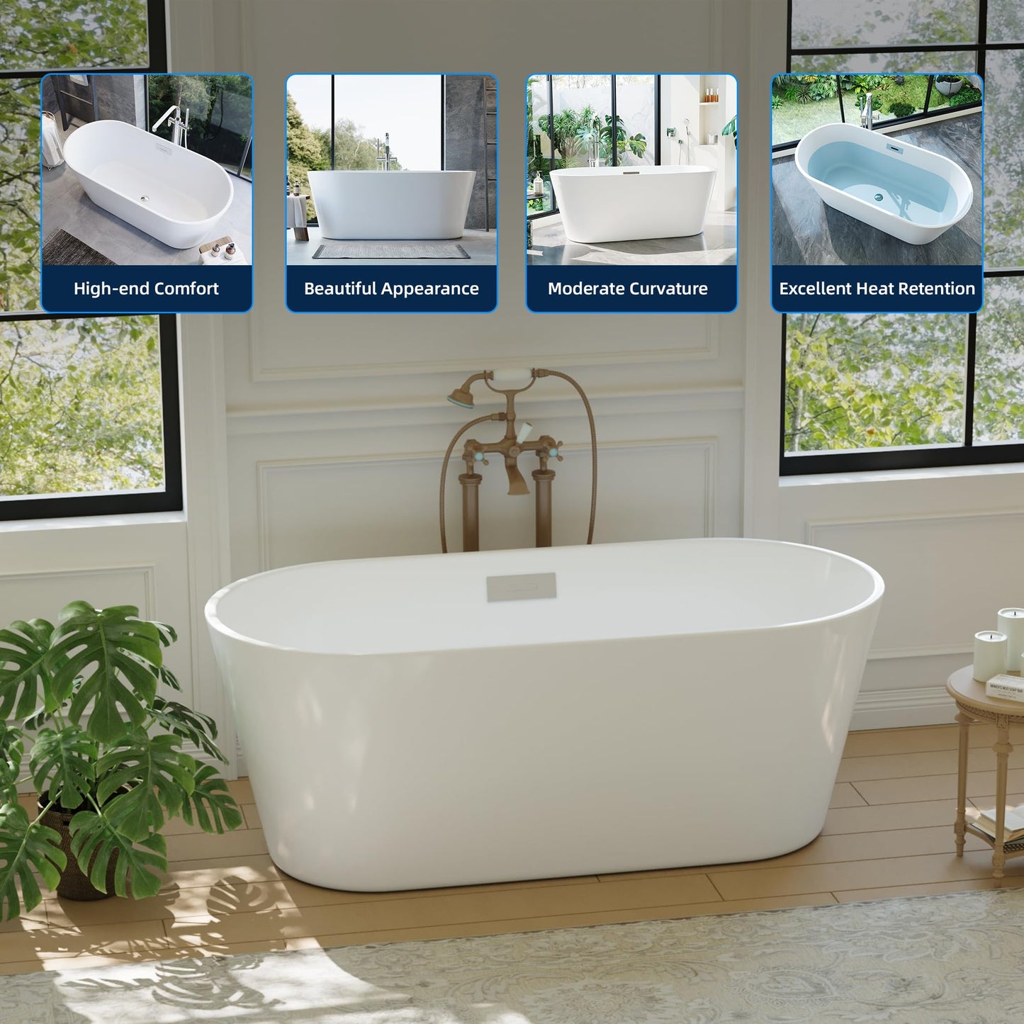 59'' Freestanding Bathtub, Deep Soaking Tub for Adults, Stand Alone Tub with Integrated Overflow Drain, cUPC Certified Modern Bathroom Tub, Acrylic, White