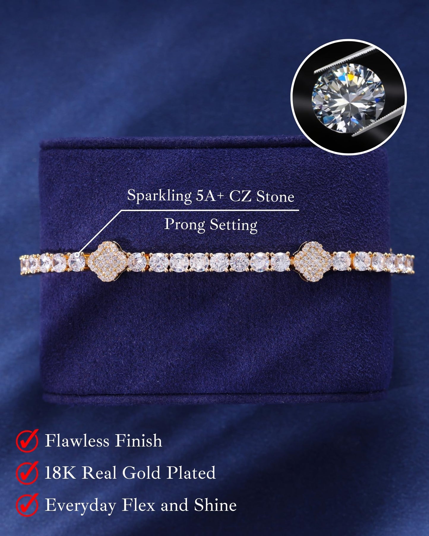 LuxeFlex 4mm Iced Out Clover Tennis Bracelet, White Gold Plated with 5A Zircon Stones, Handmade exquisite Hip Hop Jewelry, Perfect Unisex Gift (Gold-All stone,7)
