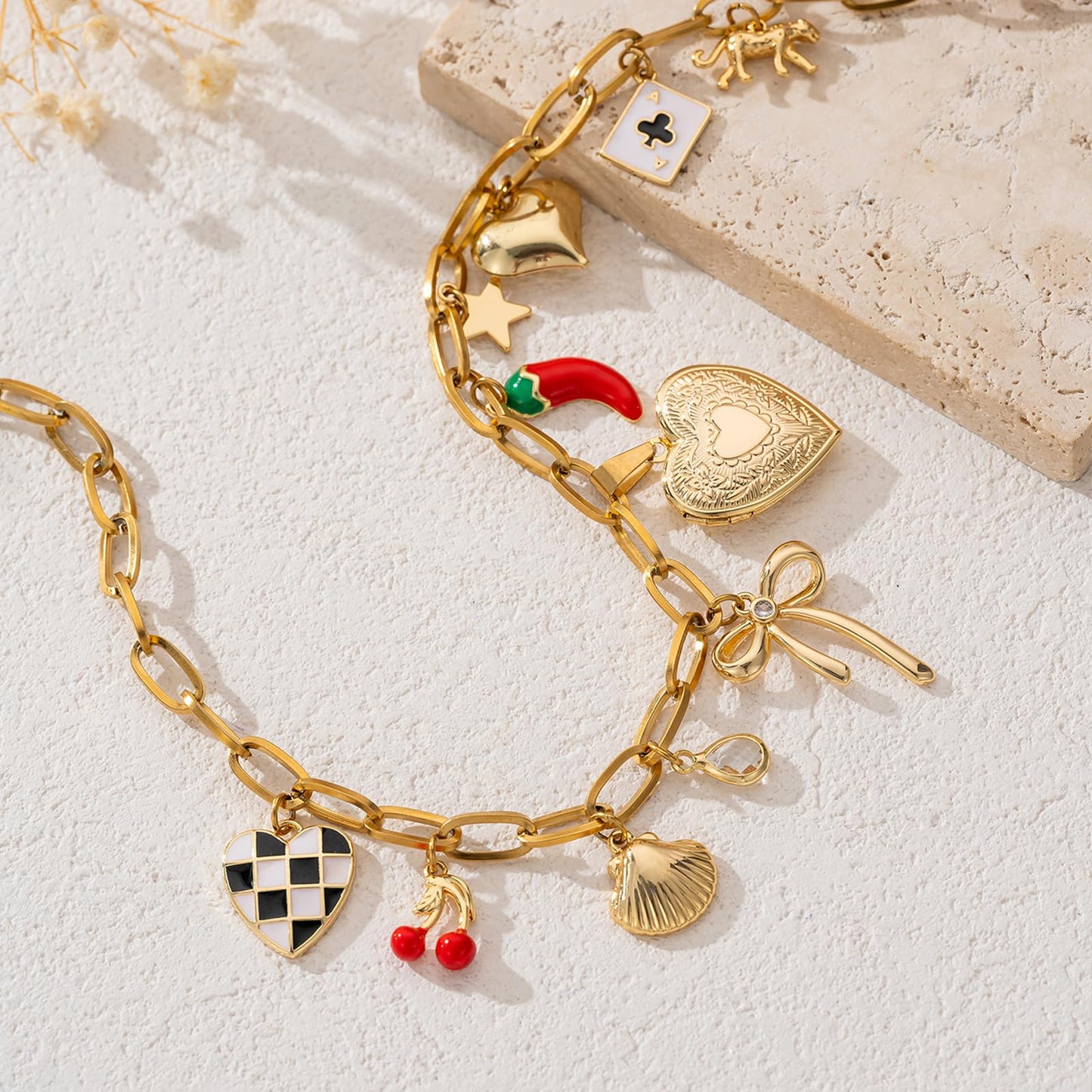 Trendy Stainless Steel Gold Plated Charm Necklace with Heart Pearl Pepper Conch Ceramic Pendant Necklace for Women Collares Chokers Jewelry (Heart)