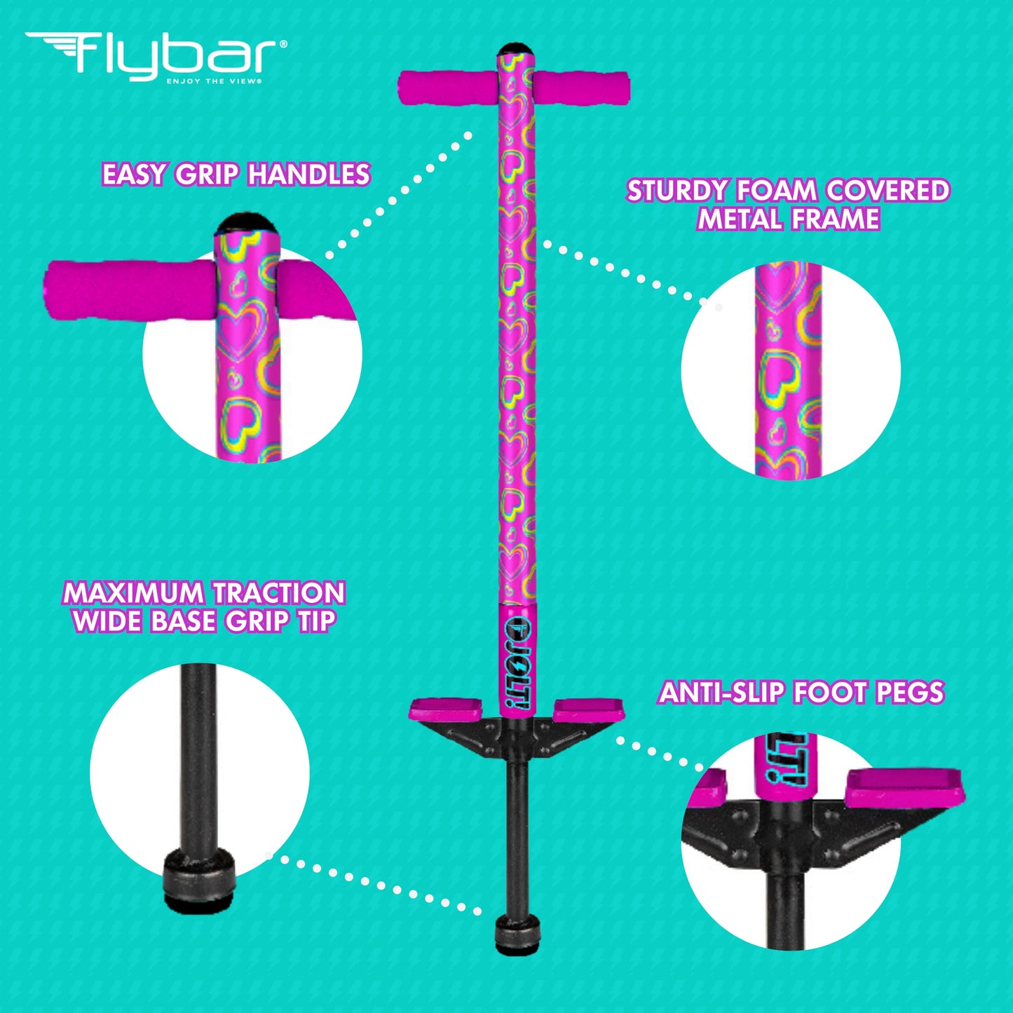 Flybar Jolt Pogo Stick for Kids, Perfect for Beginners w/Foam-Covered Metal Frame, Handles & Padding, Non-Slip Foot Pads, Wide Tip, Outdoor Active Play Toy for Boys & Girls, Ages 6+, Pink Hearts
