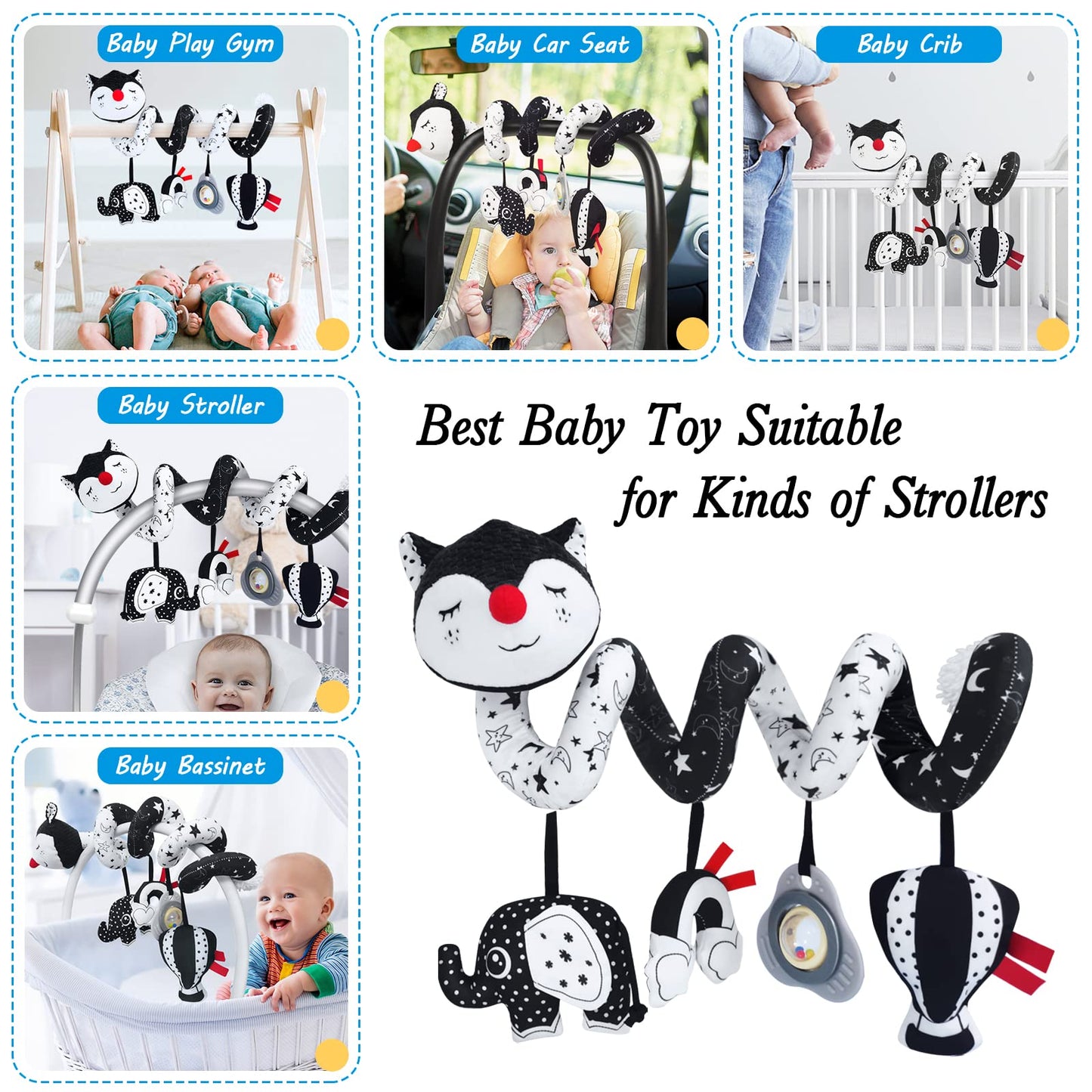 FATI Car Seat Toys for Babies 0-6 Months, Black and White High Contrast Baby Spiral Carseat Toy for Infant 0-3, 3-6 Newborn, Stroller Toys for 0 3 6 9 12 Months Baby Ideal Gift
