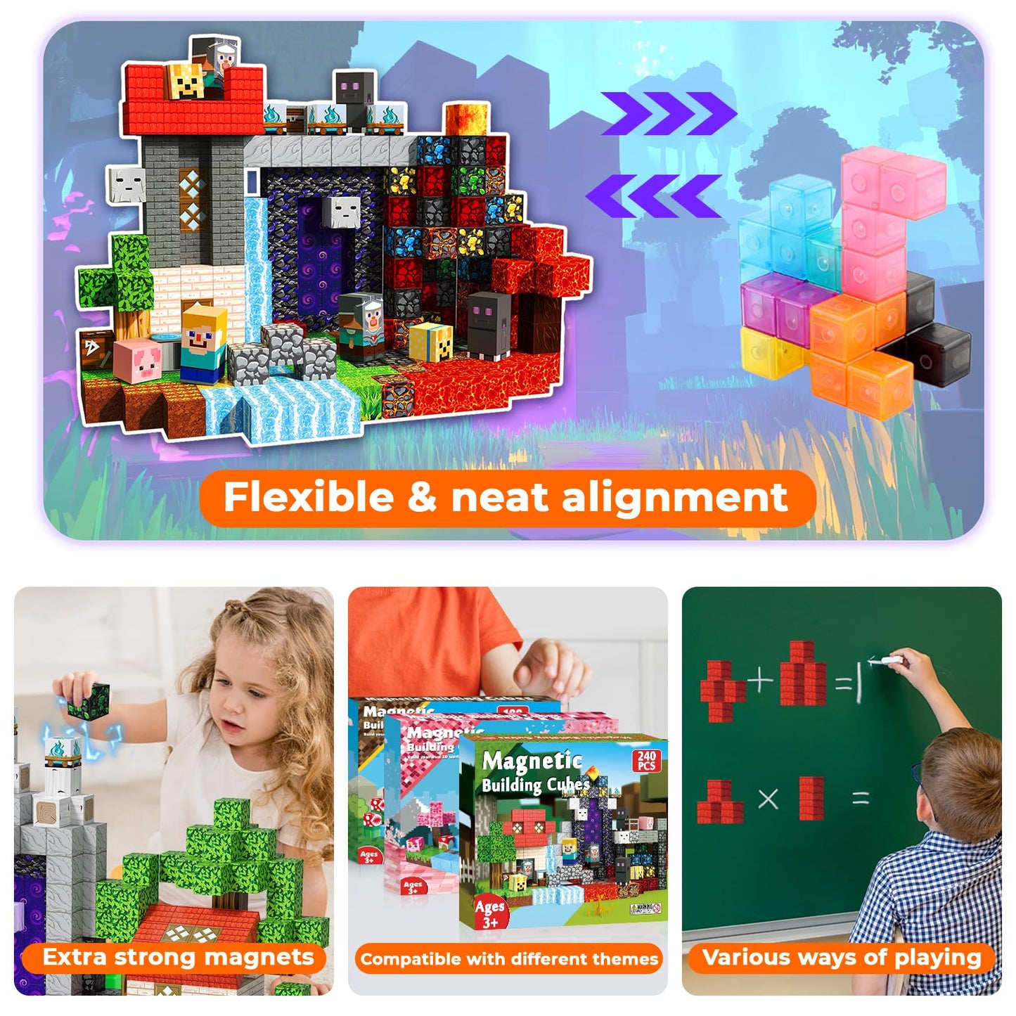 240 PCS Magnetic Blocks - Magnetic Building Block, Stacking Magnet Building Cubes for Kids, Magnetic Construction Toy for Boy Girl, STEM Montessori Sensory Toy Ages 3-12 Years Old Birthday Gift