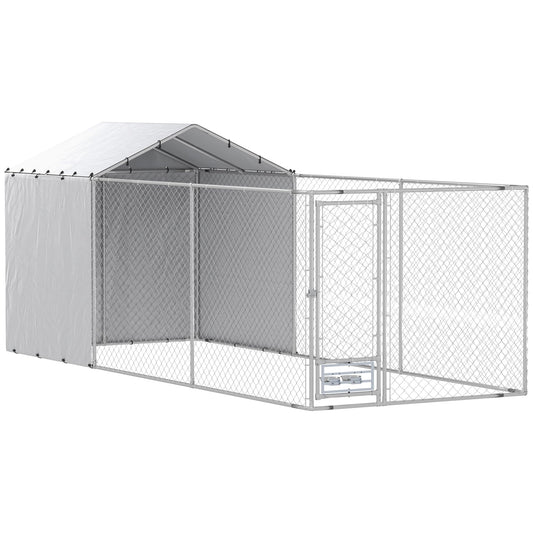PawHut Large Outdoor Dog Kennel, Heavy Duty Galvanized Chain Link Dog Kennel Outside with Waterproof & UV-Resistant Cover, Rotating Bowls Door, for M&L Breeds, Chickens, Ducks, 20' x 7.5' x 7.5'