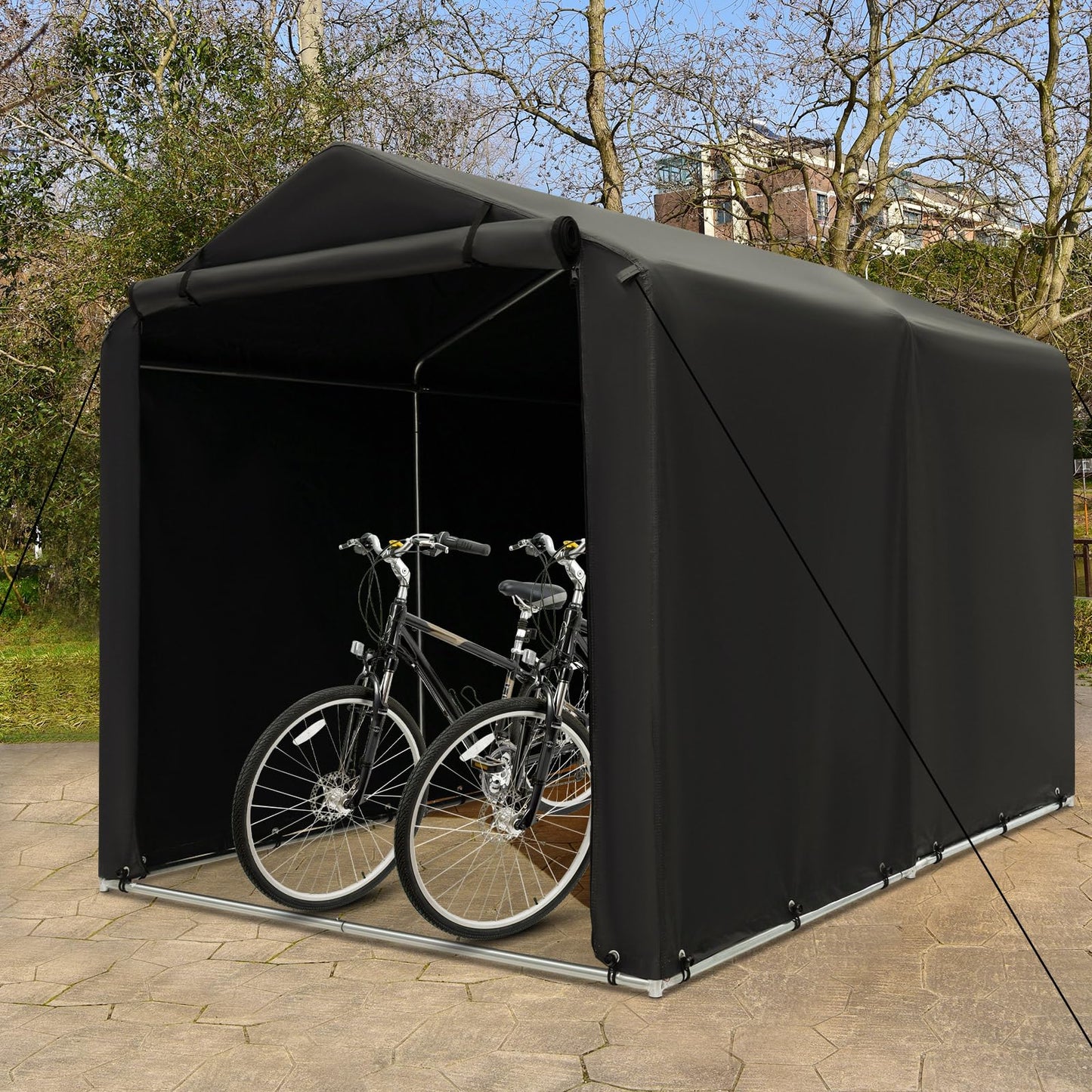 Goplus Portable Storage Shed, 7 x 5.2 x 5.4 Ft Heavy Duty Motorcycle Shed w/Roll-Up Zipper Door, Metal Frame, Waterproof Cover & Wind Rope, Outdoor Storage Tent Shelter for Bike, Garden Tools