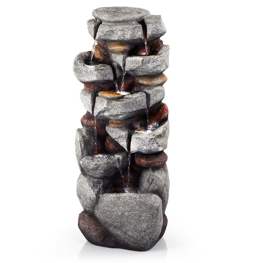 40" H Outdoor Water Fountain, 7-Tiers Cascading Rock Waterfall Fountain with 6 White LED Lights, Large Water Feature for Outdoor Indoor, Garden Water Fountain for Patio, Yark, Deck, Porch, Home Decor