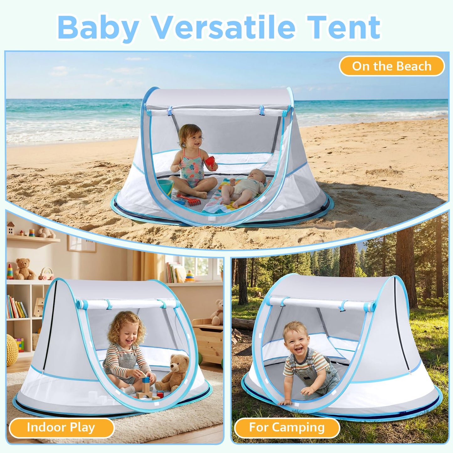 Baby Beach Tent, Pop Up Beach Tent Sun Shade for Beach, UPF 50+ UV Protection Sun Shelters for Infants with Carry Bag for Outdoor Travel, Camping(Gray)