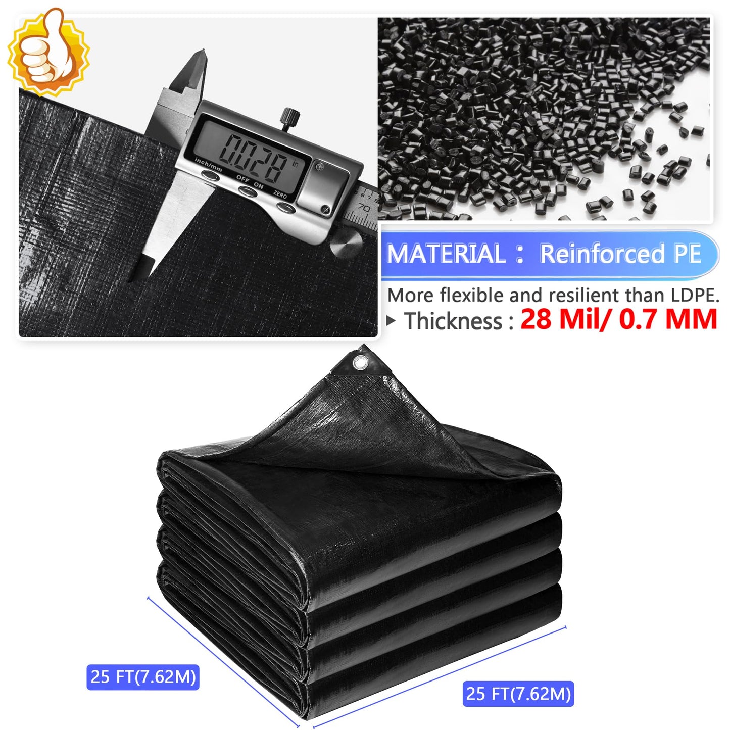 Reinforced PE Pond Liner 25 x 25 FT, 28 Mil Sun Resistant Preformed Pond Liner, Hemmed Edge with Buttonholes Liner for Outdoor Large Ponds, Fish/KOI/Duck Pond, Garden Waterfall, Waterscape, Black