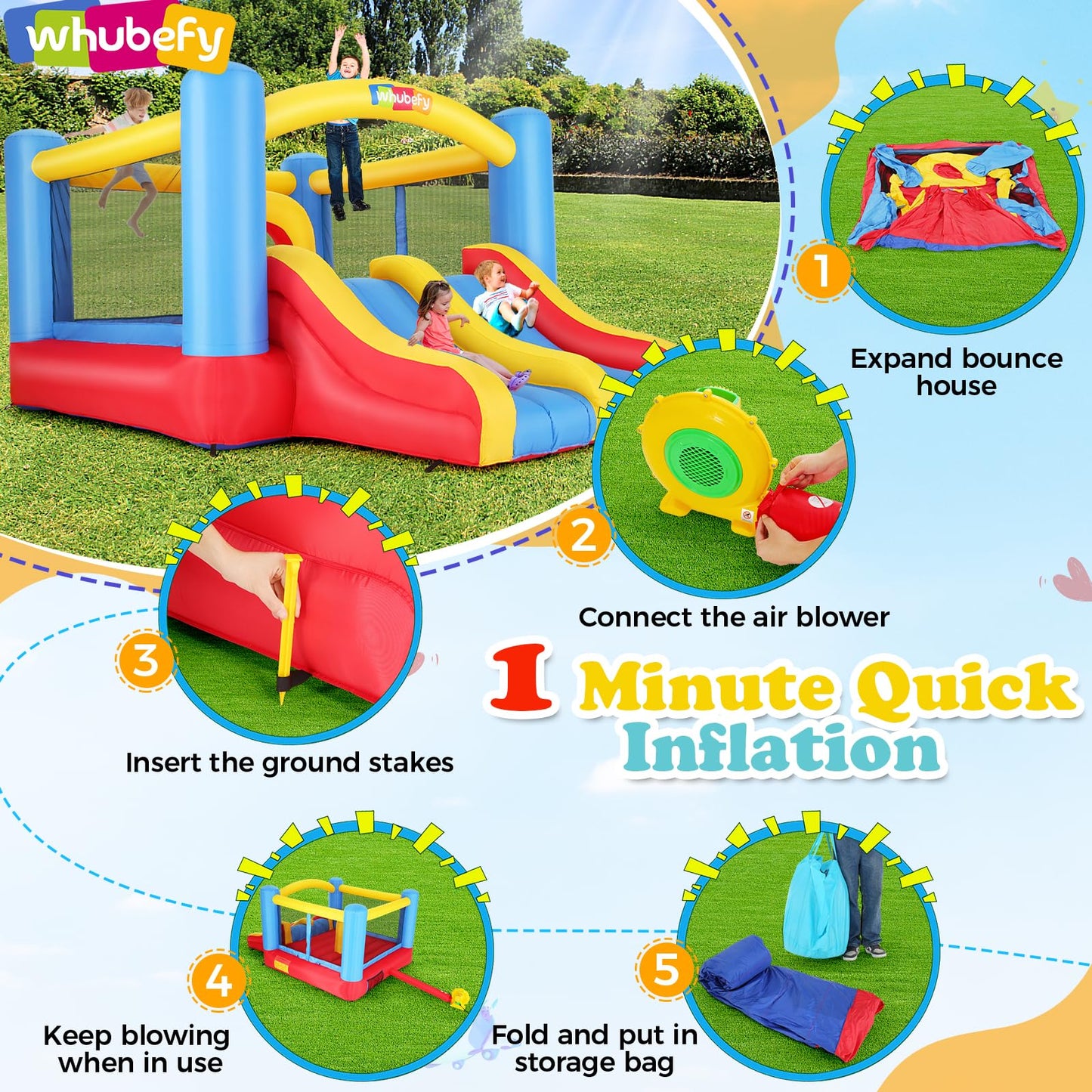 Whubefy Bounce House for Kids 3-6 Big Kids 8-12, 12.6FTx9FT Inflatable Bounce House with Blower Double Slide Obstacle, Indoor Outdoor Blow up Bouncy Castle Jump House for Family Backyard Party Gift