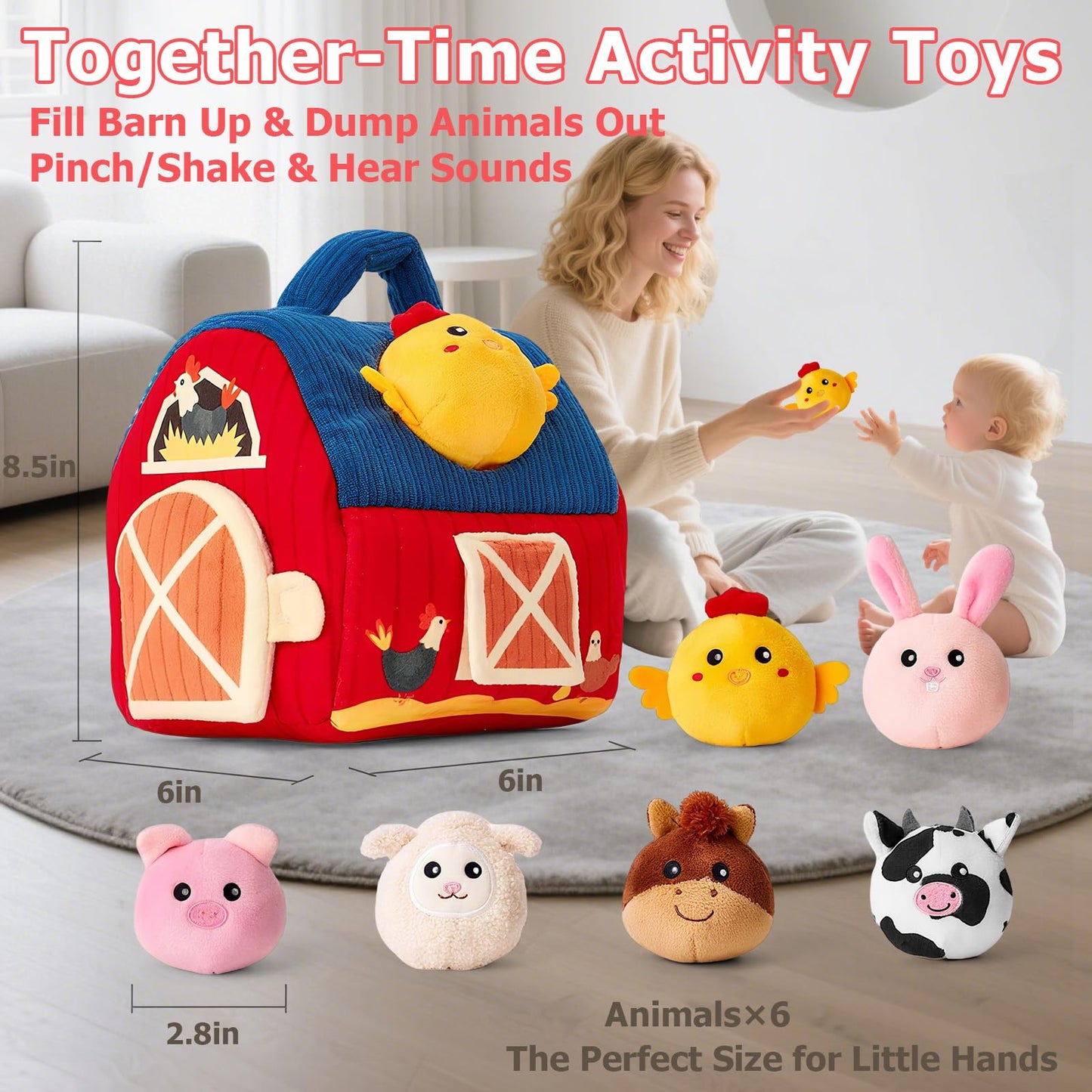Baby Toys 6-12 Months, Surprise Barn with Stuffed Farm Animals 6Pcs, Rattle, Crinkle, Mirror, Montessori Sensory Toys for 1-3 Year Old Boys Girls, Ideal Gifts for Babies Toddlers Birthday Christmas