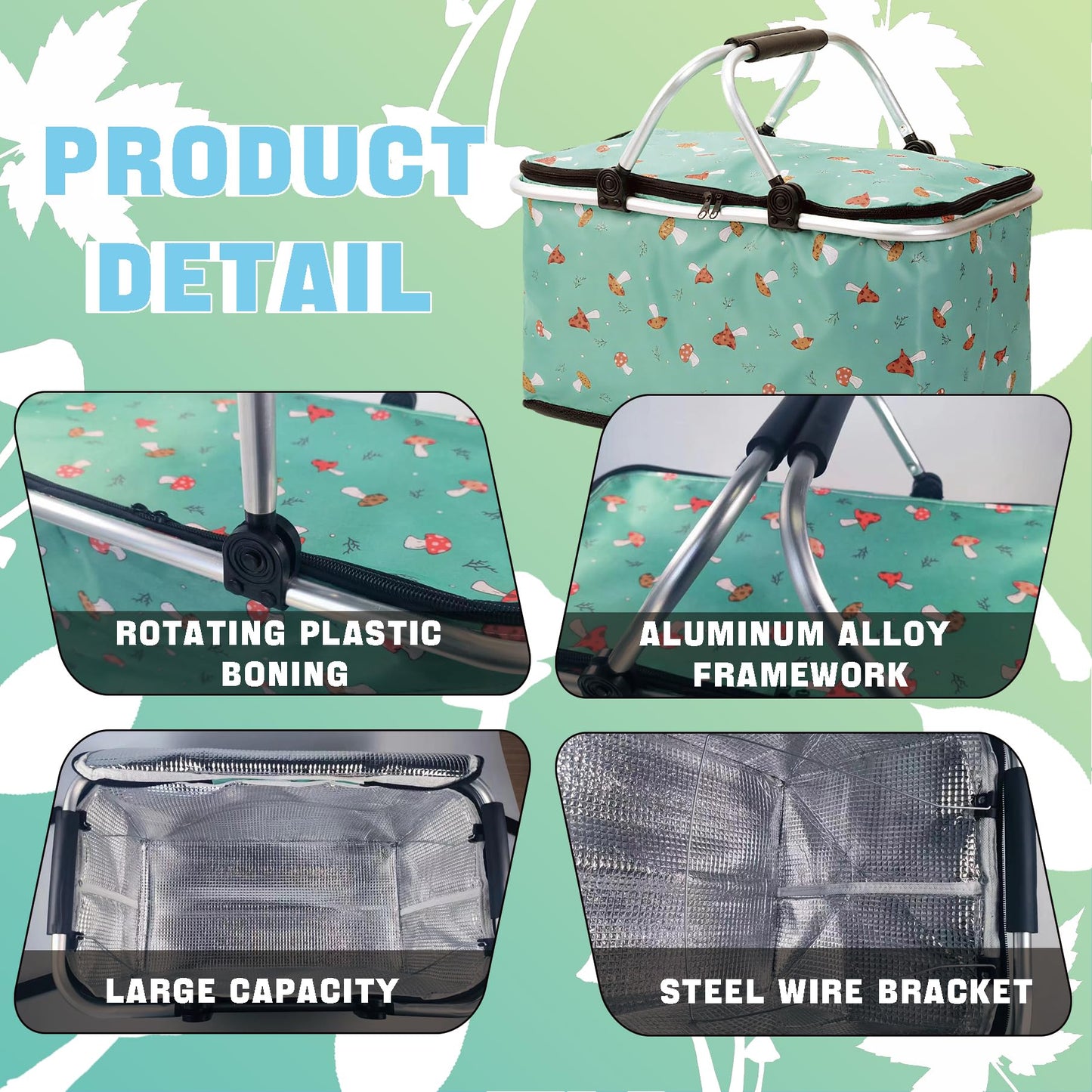 Insulated Picnic Basket for 2, Collapsible Shopping Baskets with 29L Large Market Basket with Handles, Folding Grocery Basket for Picnic Travel Food Delivery Market Shopping Bright Green