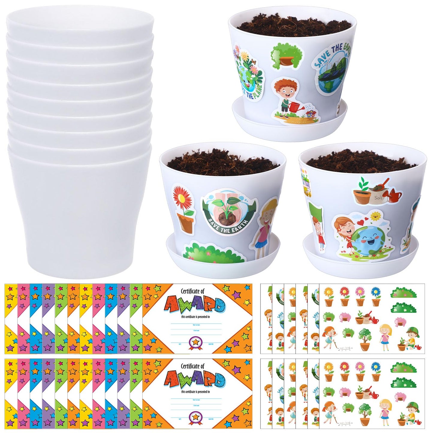 Domensi 30 Set DIY Plastic Pot Craft for Kids Bulk Earth Day Crafts 4 Inch Flower Pot Planters with Tray Drainage Holes with 458 Stickers 30 Cards for Spring Mother's Day Planting(White)