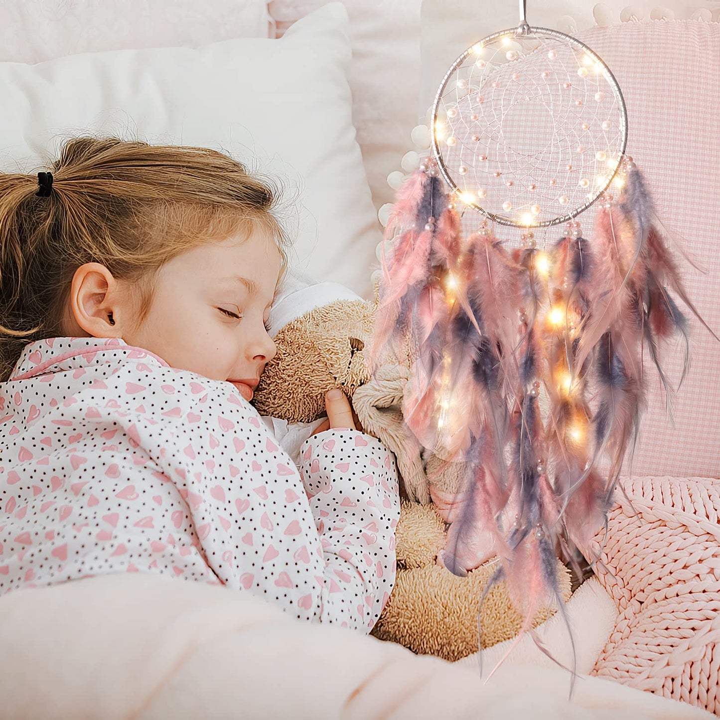 KHOYIME LED Dream Catcher Light Up Handmade Feather Dreamcatchers Boho Wall Hanging for Girls Kids Bedroom Bohemian Home Decor Wedding Ornament Craft Gift (Pink&Grey)