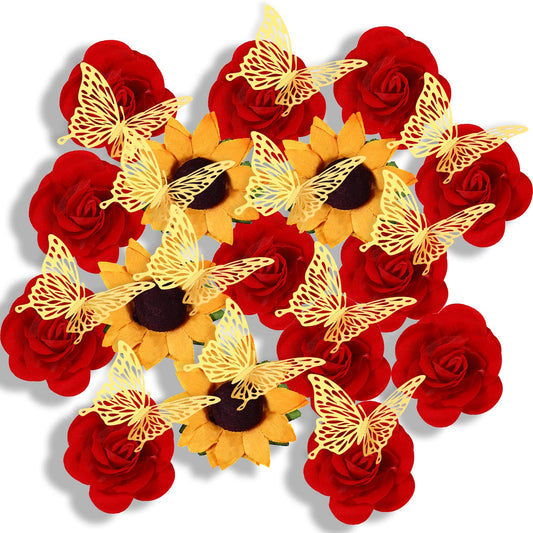 30 Pcs DIY Graduation Cap Decorations Kit Included 3D Butterfly Faux Assorted Flower Rose Sunflower Heads Sticker Adhesive Dot Flat Back Floral Art Craft for 2026 Grad Cap Party Decor(Red)