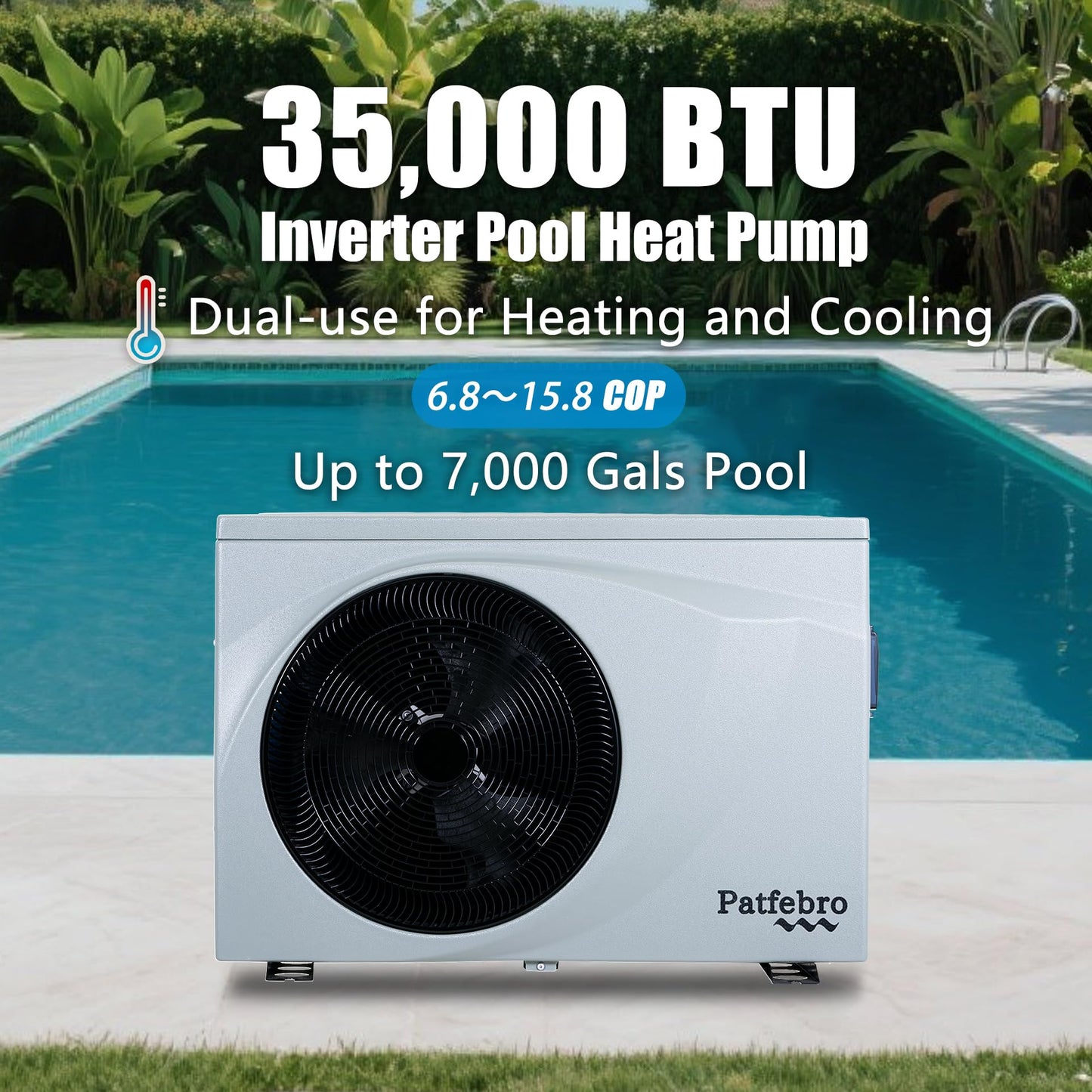 Patfebro 35,000 BTU Swimming Pool Heat Pump - Full DC Inverter Pool Heater for Above and In Ground Pools and Spas - Dual Heating and Cooling - APP Control - 220-240V