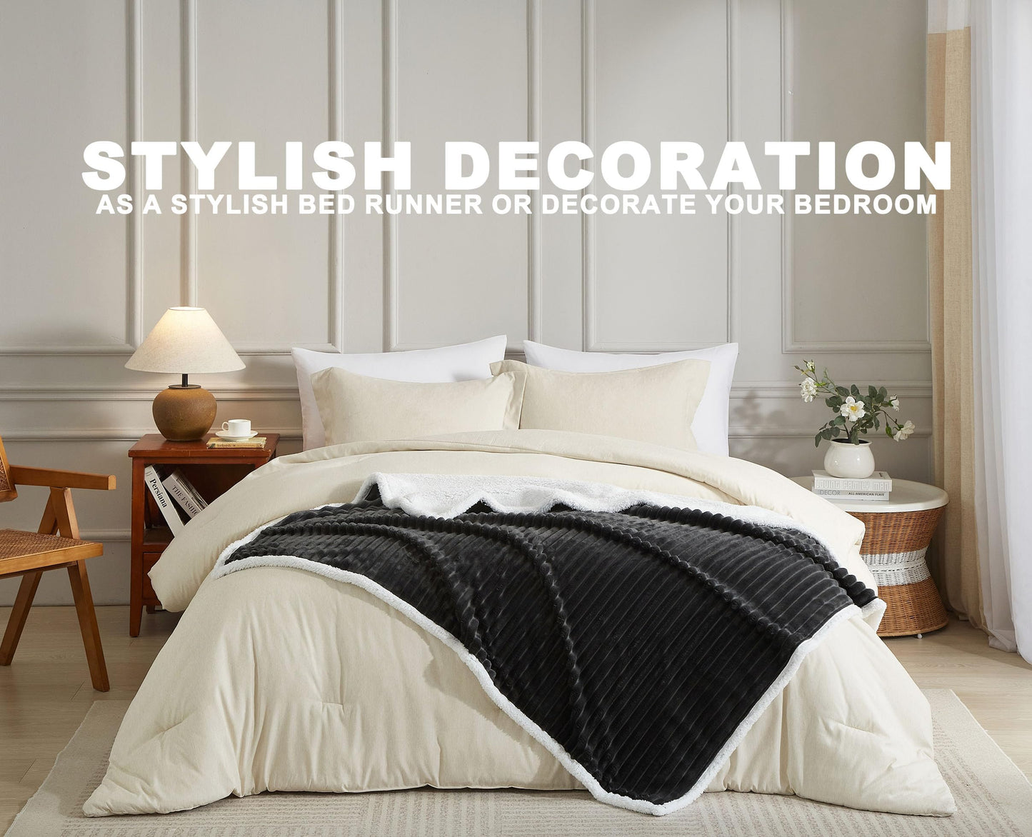 COZYXWORLD 520GSM Heavyweight Sherpa Fleece Blanket 60x80 Inches, Double-Layered Striped Throw for Couch and Sofa, Extra Thick Warm Bed Blanket, Oeko-TEX Certified, Dark Grey