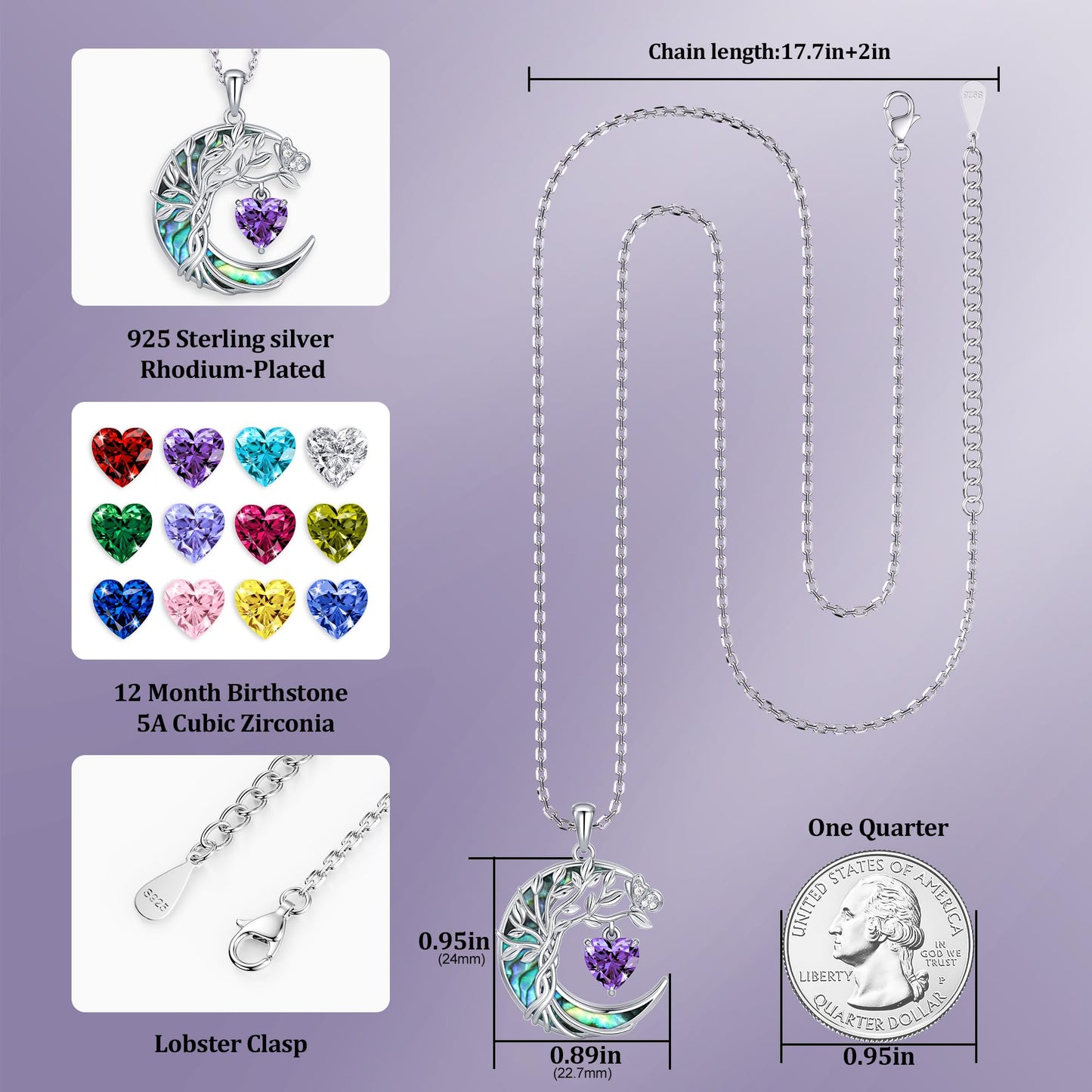 Distance Tree of Life Birthstone Necklace for Women, S925 Sterling Silver Premium Abalone Shell Moon Pendant February Heart Birthstone Necklace, Amethyst Jewelry Christmas Birthday Gifts for Her Wife