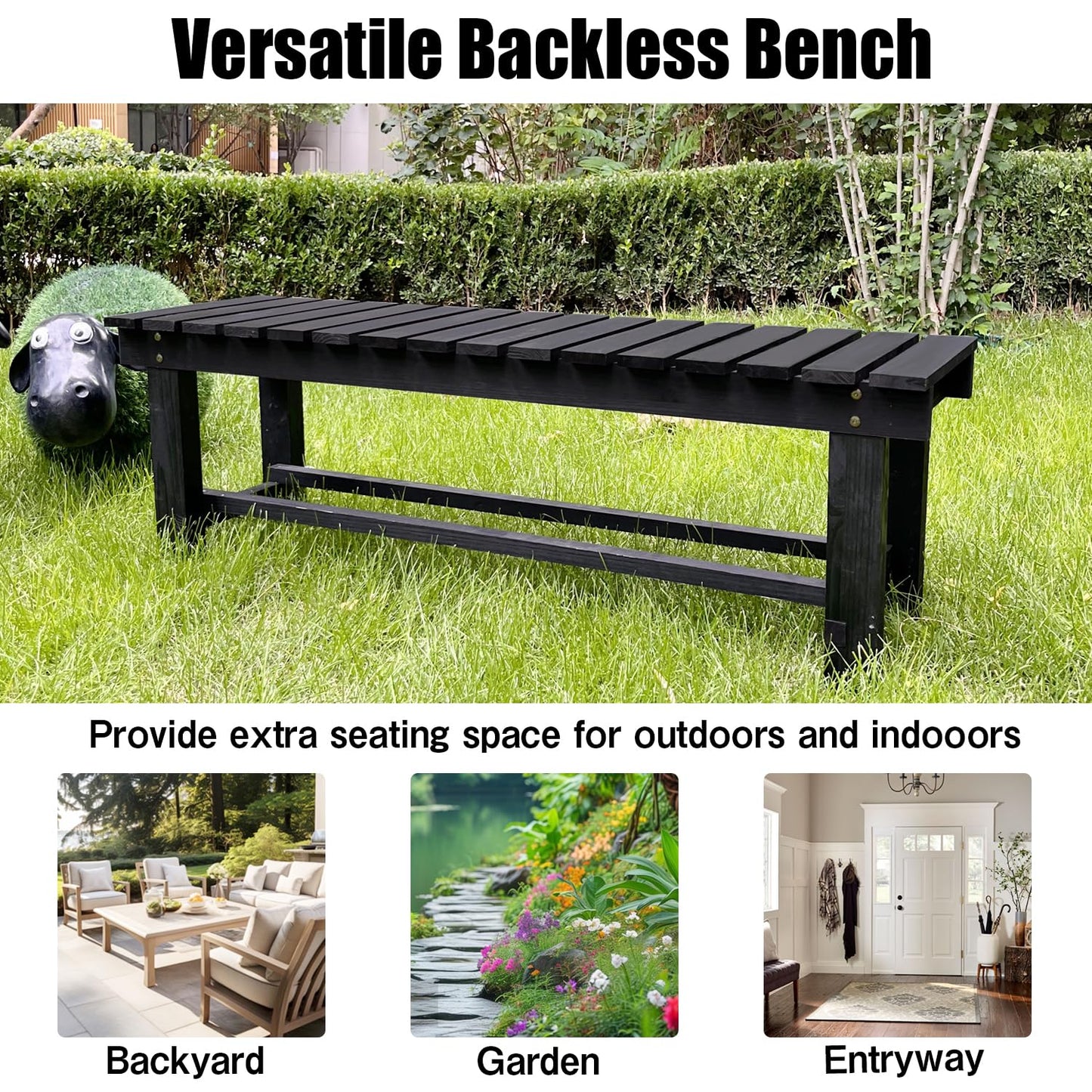 YangAera 47.2'' Outdoor Garden Benches Weatherproof Patio Bench Two-Person Seat Backless Bench Wood Bench with Slatted High Temperature Bench for Front Porch Backyard (Upgraded to Prevent Fading)
