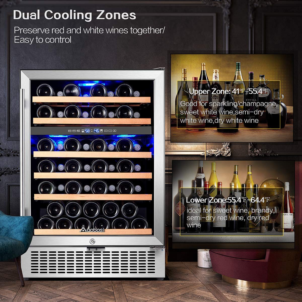 AAOBOSI 51 Bottle Wine Fridge, 24-Inch Dual Zone Wine Cooler Refrigerator, Built-In or Freestanding Under Counter Wine Fridge with Compressor, Digital Temperature Control, Low Noise for Home Bar