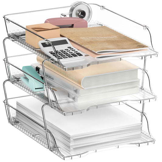 Simple Houseware 3-Tier Crystal Clear Stackable Document Letter Tray Paper Organizer – Desk Organizer for A4/Letter Size Documents, File Sorter, Paper Holder, Office Desktop File Storage, Acrylic Look