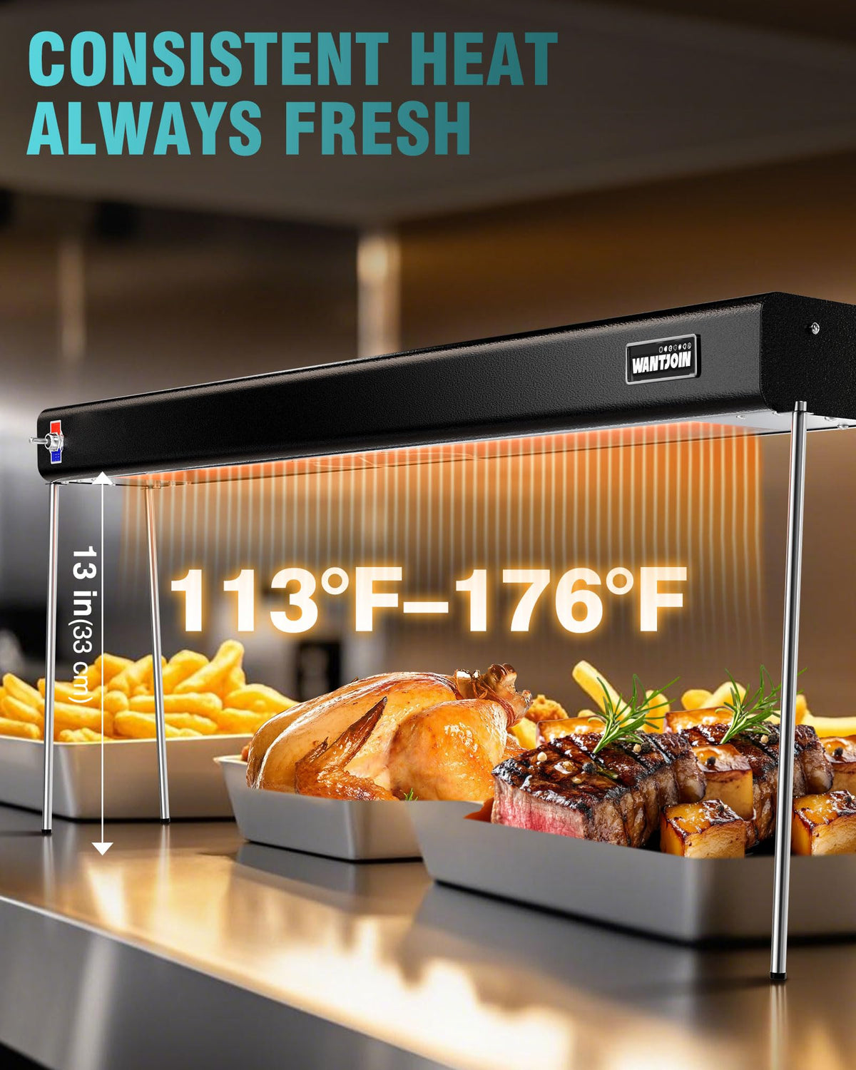 WantJoin Food Heat Lamp - 35 Inch Commercial Food Warmer Lamp Strip, 750W 86-176°F/30-80°C Electric Aluminum Hanging & Freestanding Dual-Use Heat Lamps for Kitchen Catering Restaurant Buffet, Black